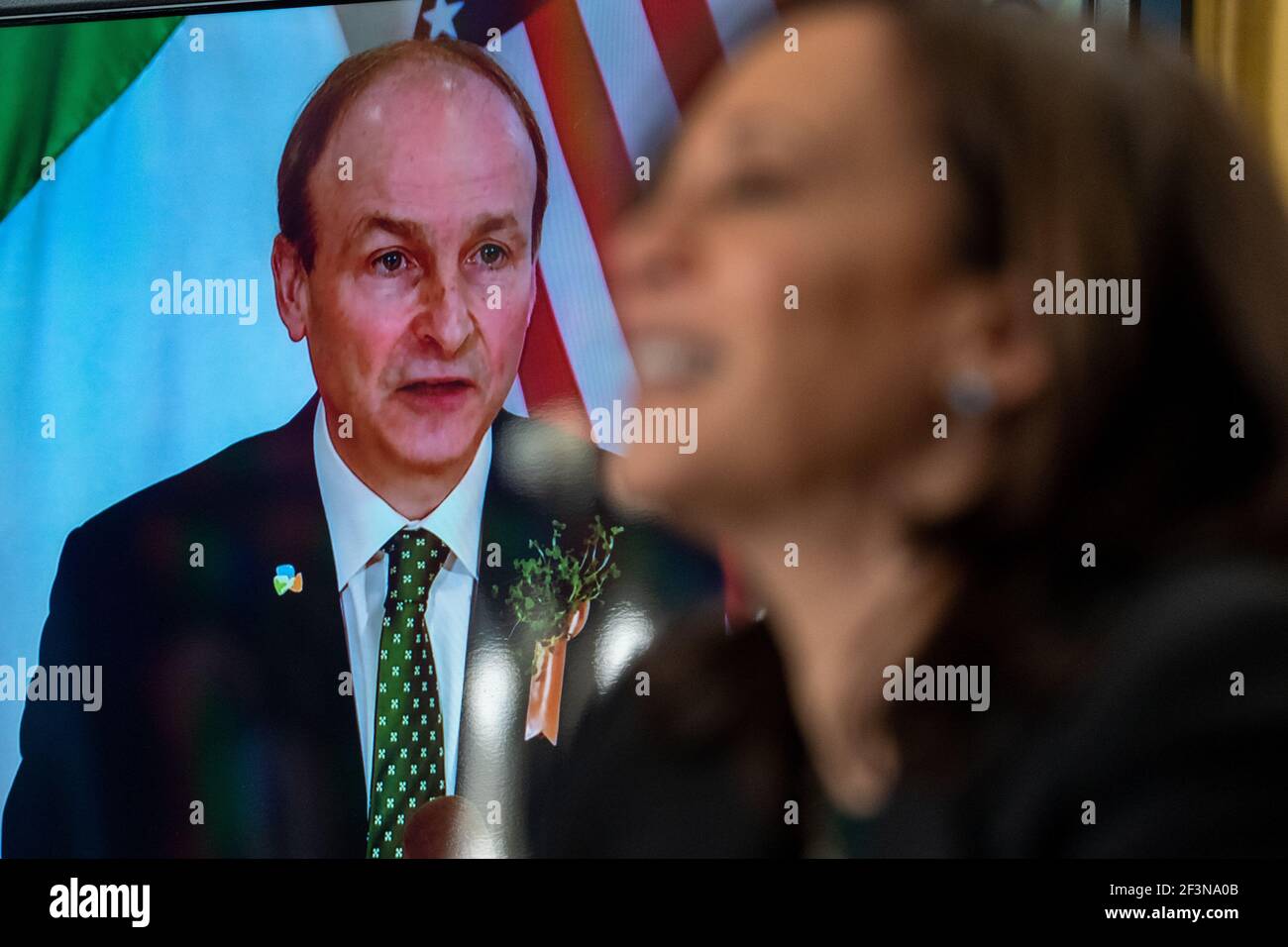 Washington, United States. 17th Mar, 2021. United States Vice President Kamala Harris hosts Irish Prime Minister Micheál Martin during a virtual bilateral meeting in the Vice President's Ceremonial Office in Washington, DC on St. Patrick's Day, Wednesday, March 17, 2021. Photo by Ken Cedeno/UPI Credit: UPI/Alamy Live News Stock Photo