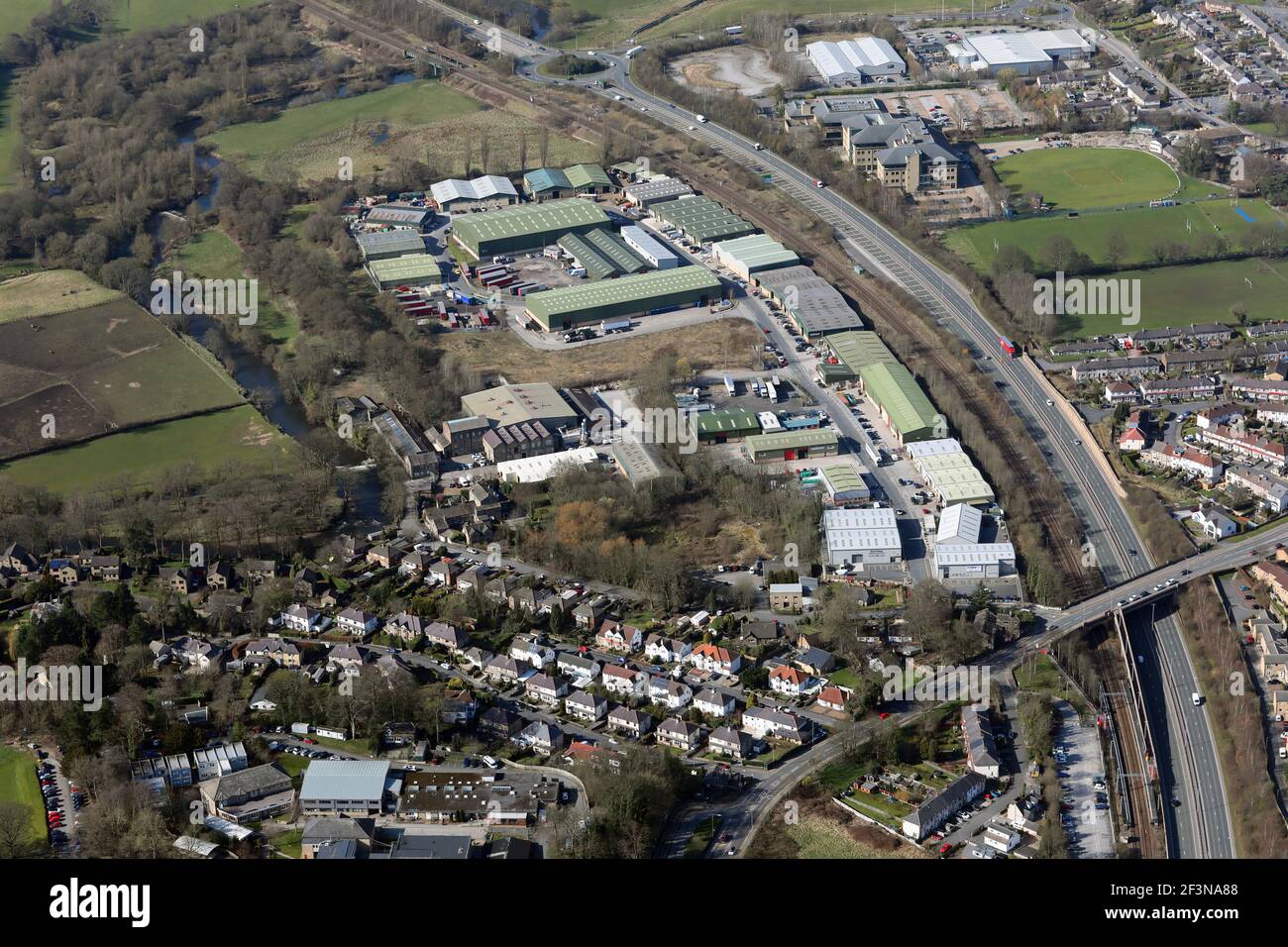 aerial view of Castlefield Industrial Estate near Bingley, West Yorkshire Stock Photo