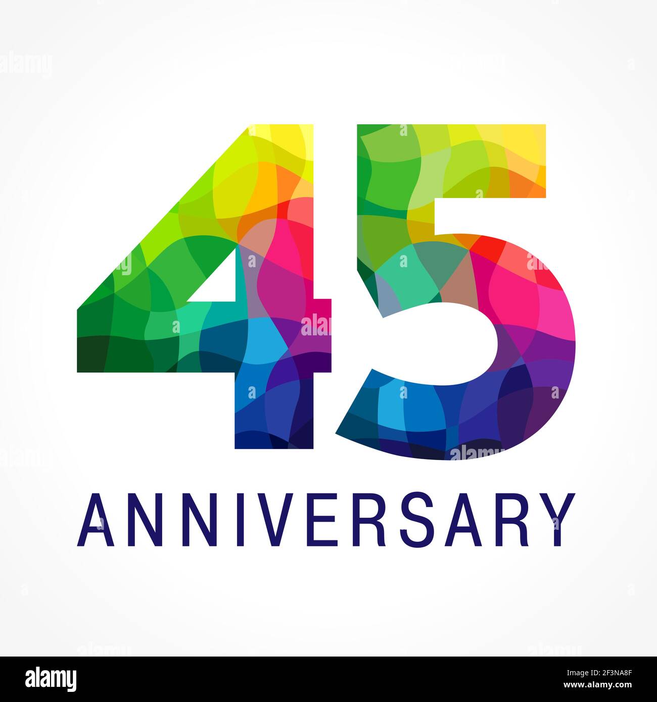 45 years old celebrating colored logo. Anniversary numbers 45 th. Shining facet congrats logotype. Greetings with 3D style. Stained-glass mosaic backg Stock Vector