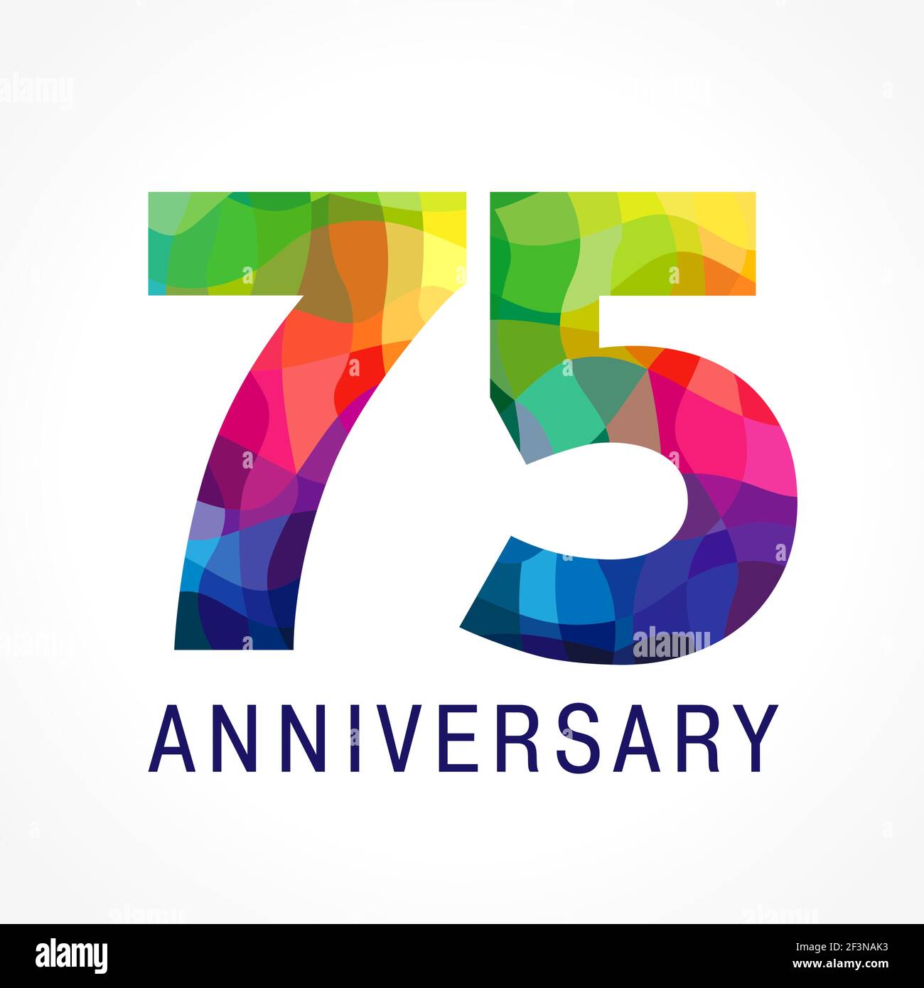 75 years old celebrating colored logo. Anniversary numbers 75 th. Shining facet congrats logotype. Greetings with 3D style. Stained-glass mosaic backg Stock Vector