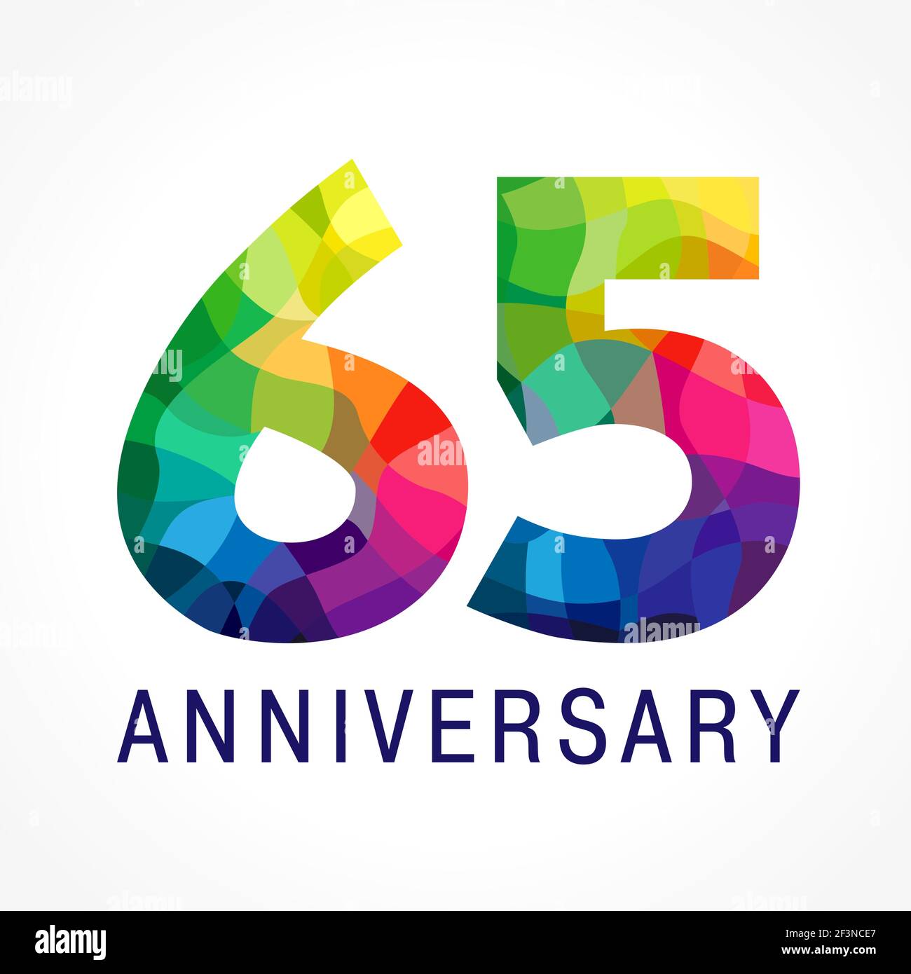65 years old celebrating colored logo. Anniversary numbers 65 th. Shining facet congrats logotype. Greetings with 3D style. Stained-glass mosaic backg Stock Vector