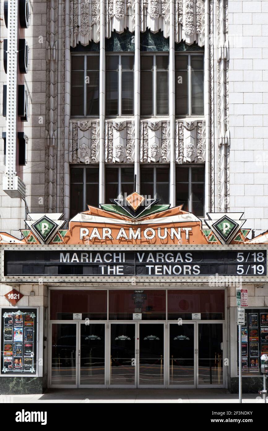 The art deco main entrance to the Paramount Theatre in downtown Denver