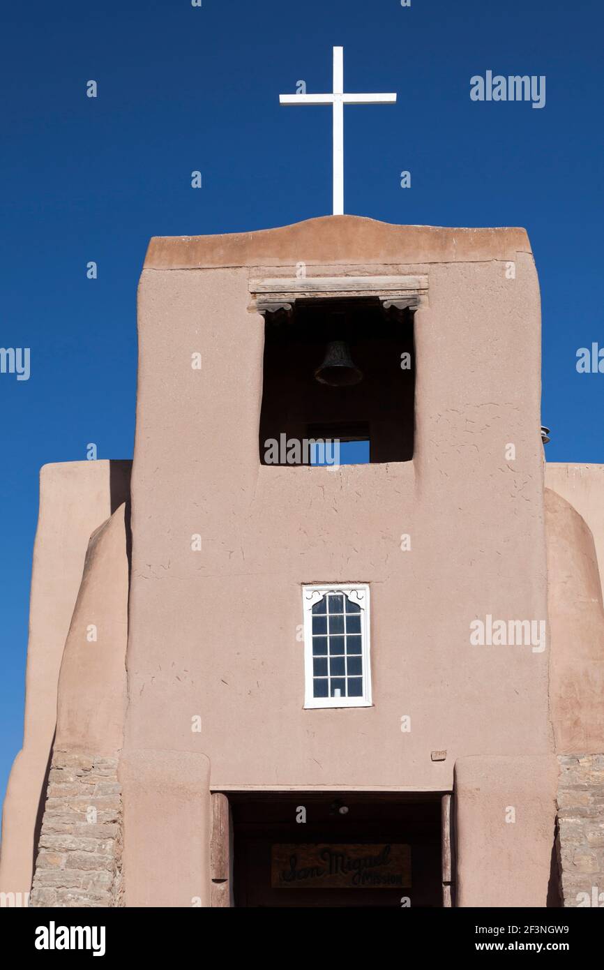 The bell tower of the historic San Miguel Mission in Santa Fe, New