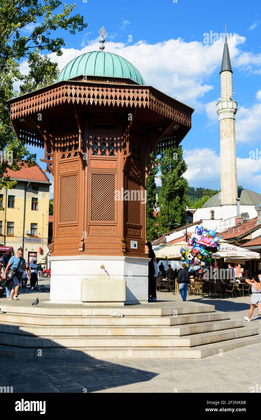 Sebilj fountain in Baščaršija, Sarajevo's old bazaar and the historical and cultural center of the city. Bosnia and Herzegovina. Stock Photo