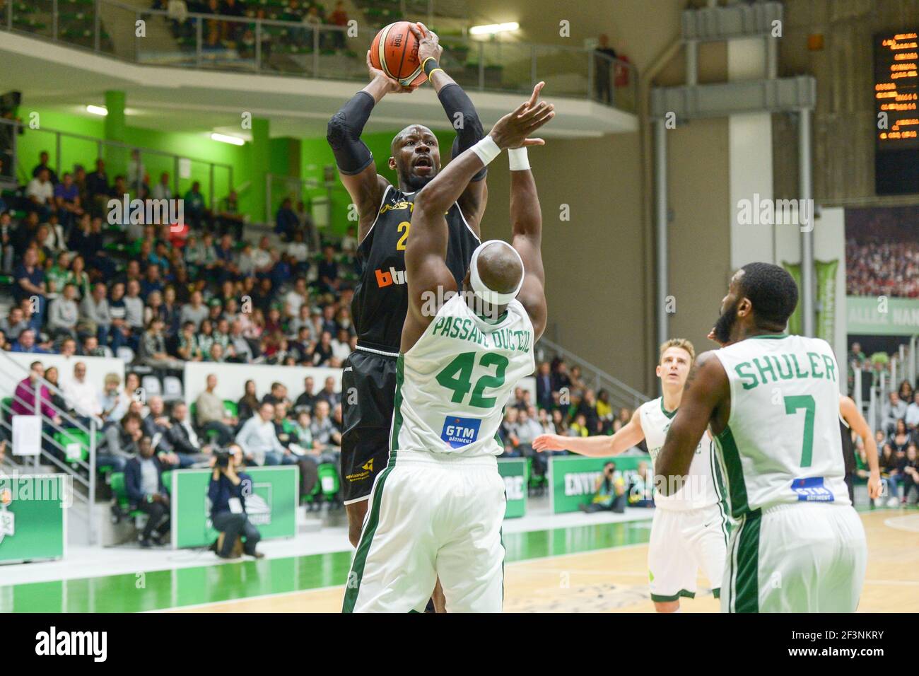 Tonye Jeriki of Oostende and Johan Passave Ducteil of Nanterre 92 during  the Basketball Champions League, Group D, match between Nanterre 92 and  Oostende on November 1, 2017 at Palais des Sports