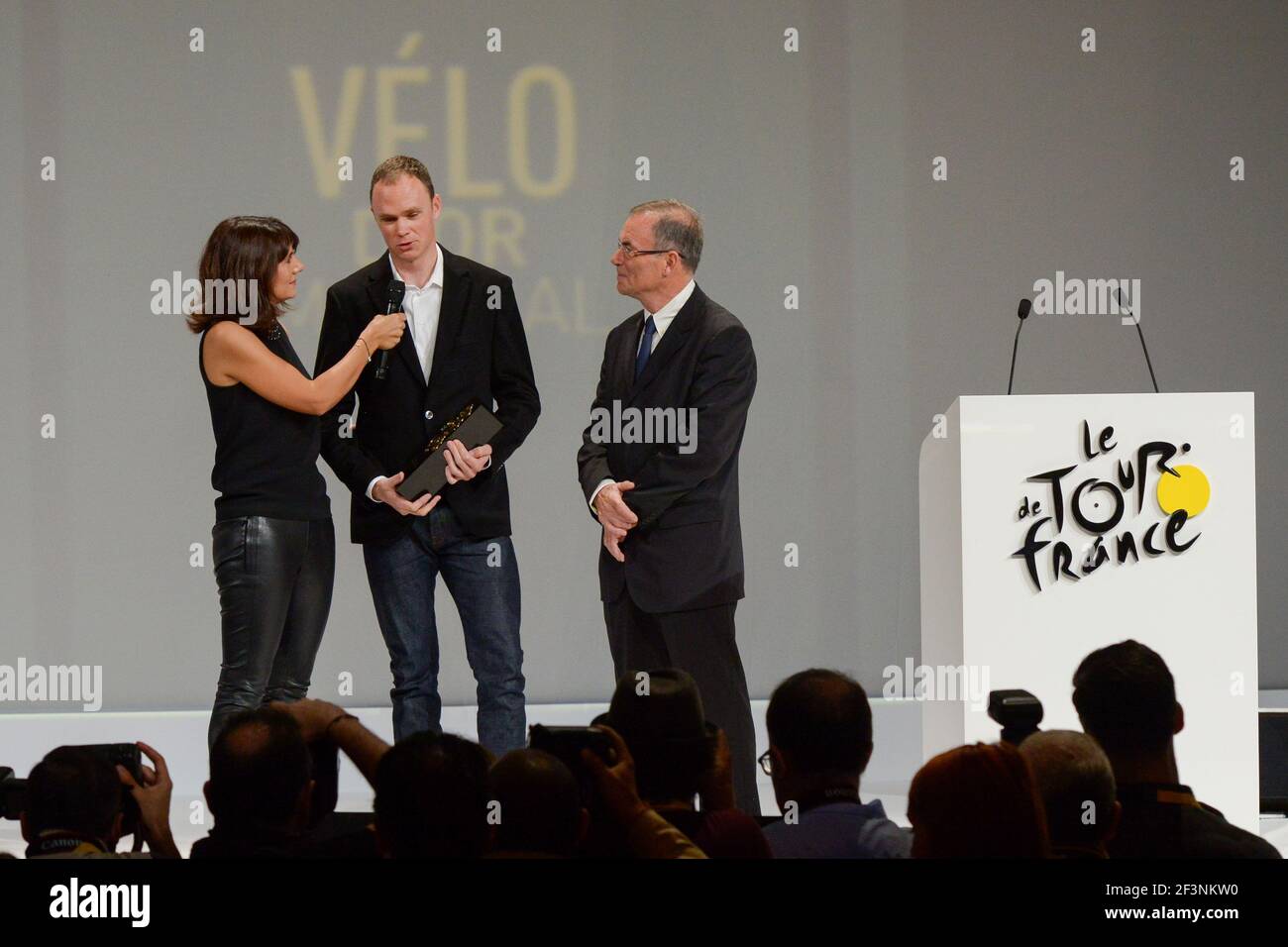 Christophe Froome (GBR) with Prix Velo D'Or Winner interviewed by Estelle Denis, Bernard Hinault during the presentation of the 105th Tour de France 2018 on October 17, 2017 at Le Palais des Congres in Paris, France - Photo I-HARIS / DPPI Stock Photo