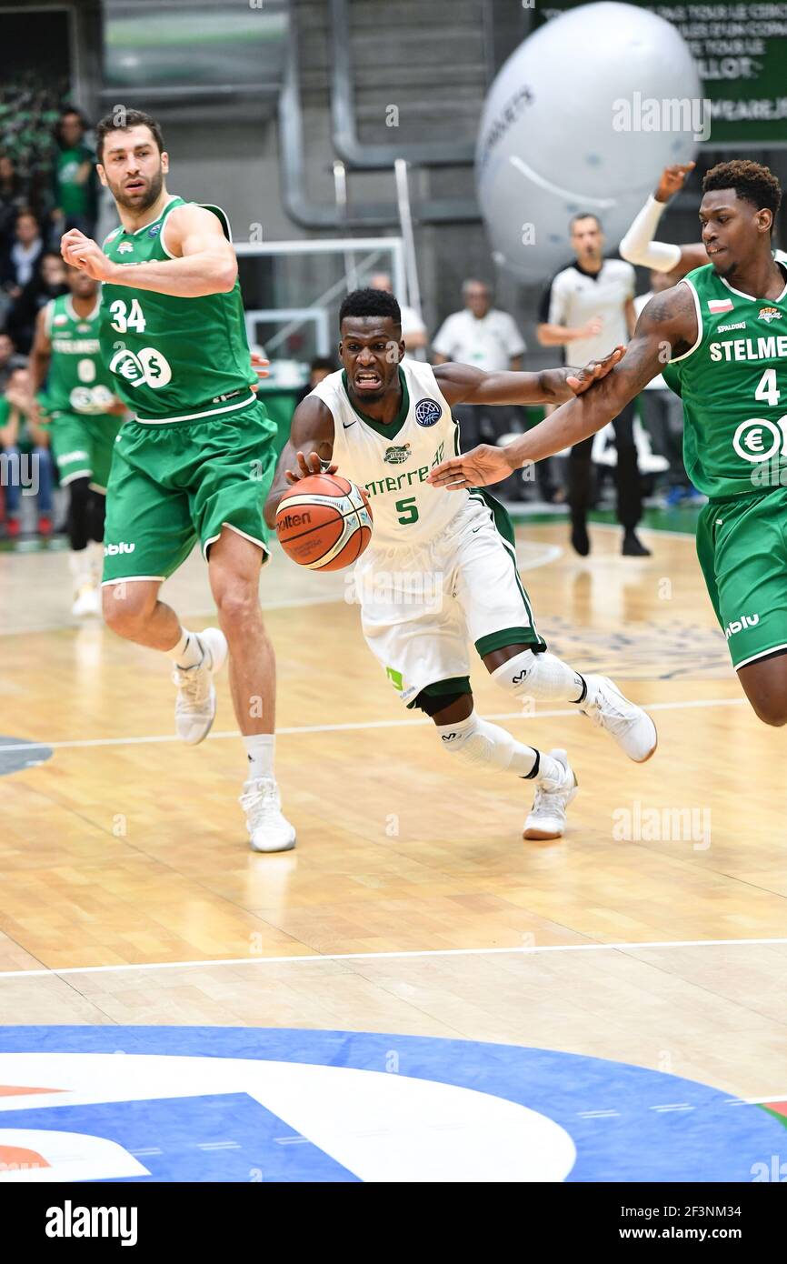 Lahaou Konate of Nanterre92 and defense of Armani Moore of Zielona Gora  during the Champions League, Group D, basketball match between Nanterre 92  and Stelmet Zielona Gora on November 14, 2017 at