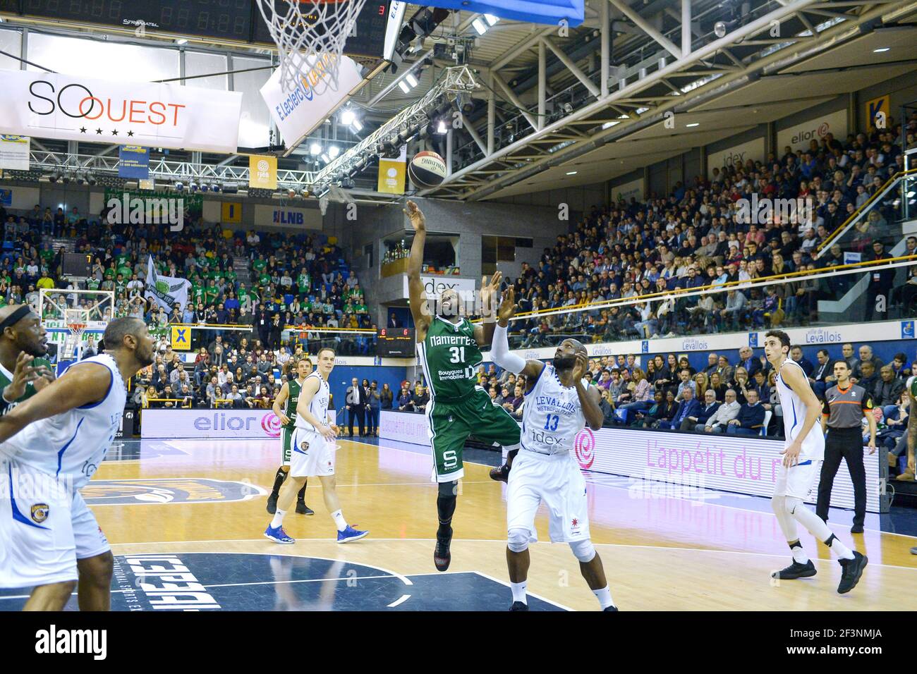 Shot of Jamar Wilson of Nanterre 92 team and defense of Louis Campbell of  Levallois Metropolitans team during the French Championship Pro A Basketball  match between Levallois Metropolitans and Nanterre 92 on