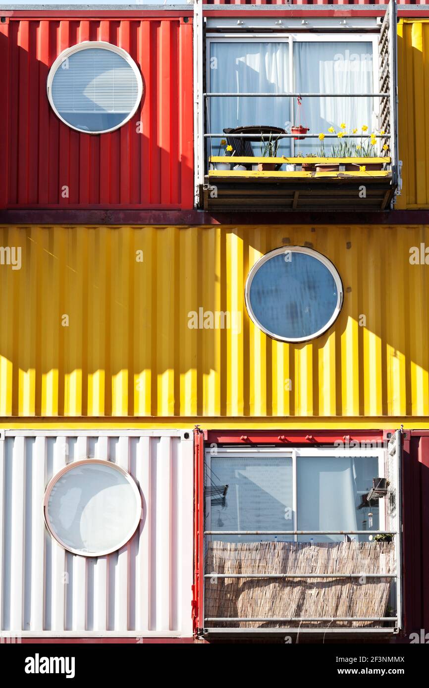 Shipping containers converted into studio apartments at Container City 2, Trinity Buoy Wharf, East India Docks, London, E14. Stock Photo