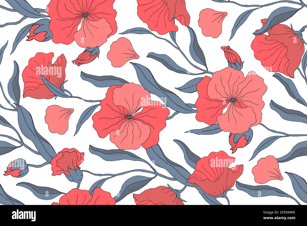Art floral vector seamless pattern. Red flowers, buds with blue branches, leaves and petals Stock Vector