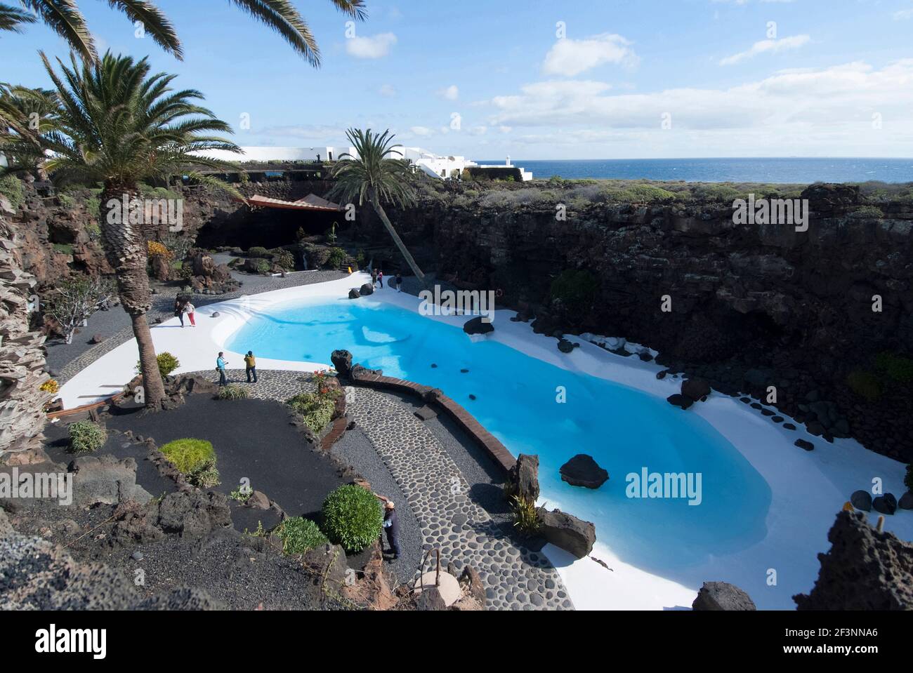 Swimming pool at the underground seaside lagoon of Jameos del Aqua, Lanzarote, Spain. Stock Photo