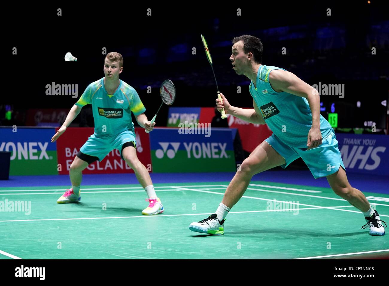 Kim Astrup and Anders Skaarup Rasmussen (right) in action during day one of the YONEX All England Open Badminton Championships at Utilita Arena Birmingham
