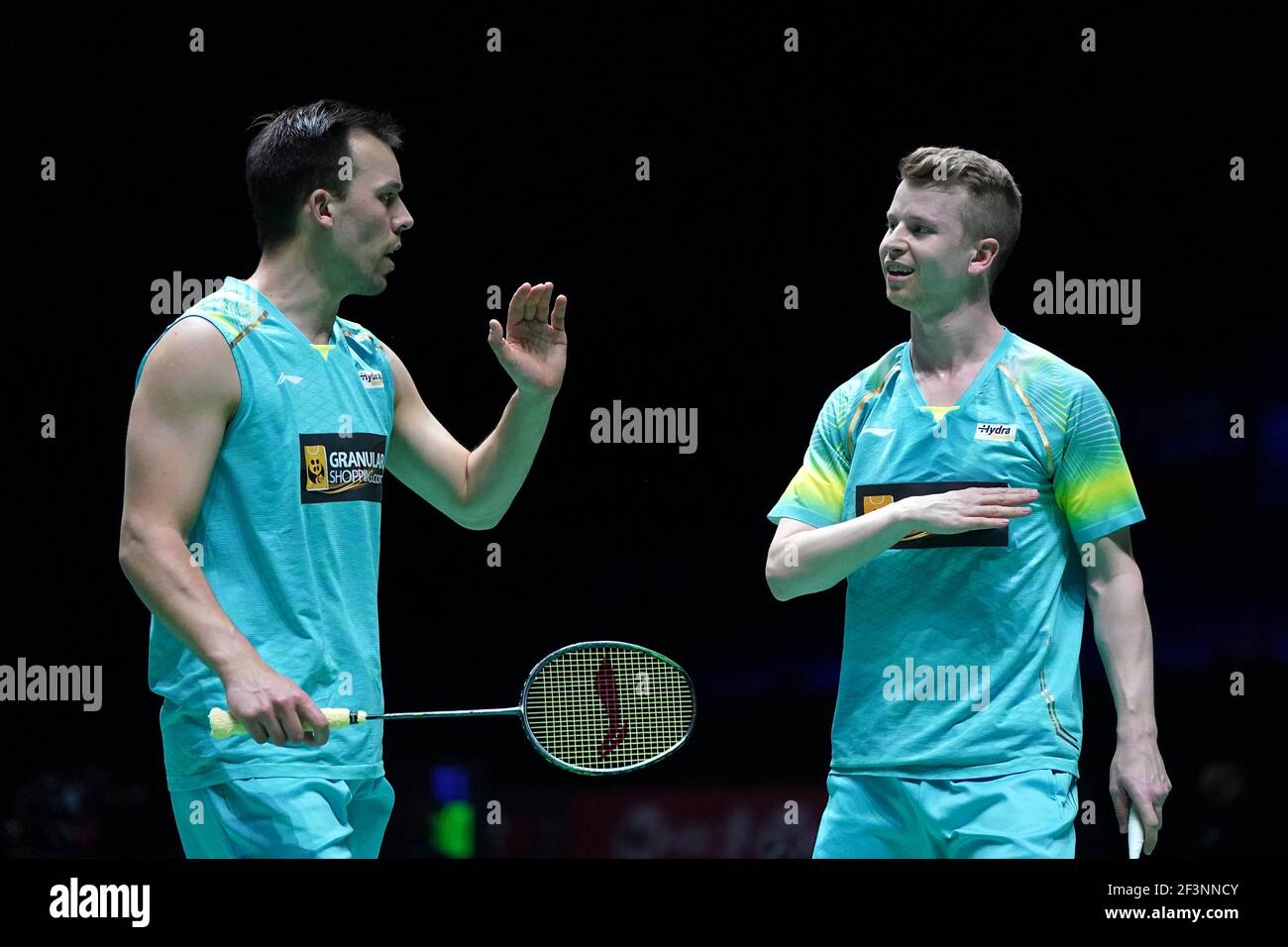 Kim Astrup and Anders Skaarup Rasmussen (left) during day one of the YONEX  All England Open Badminton Championships at Utilita Arena Birmingham.  Picture date: Wednesday March 17, 2021 Stock Photo - Alamy
