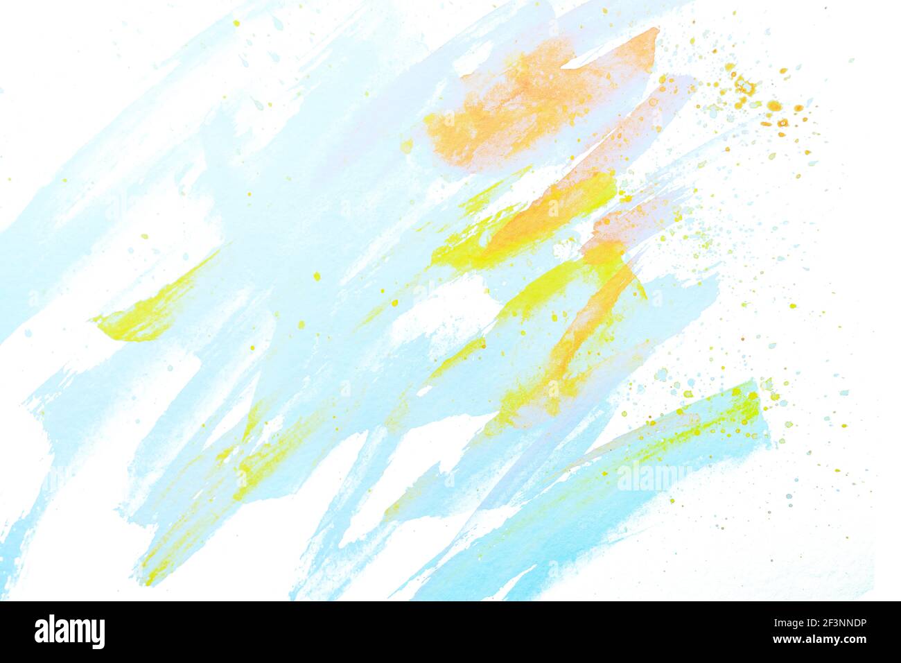 blue and yellow watercolor blot on white background, splashes and drops. Stock Photo