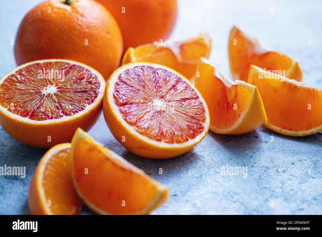 Sliced blood oranges, close up Stock Photo