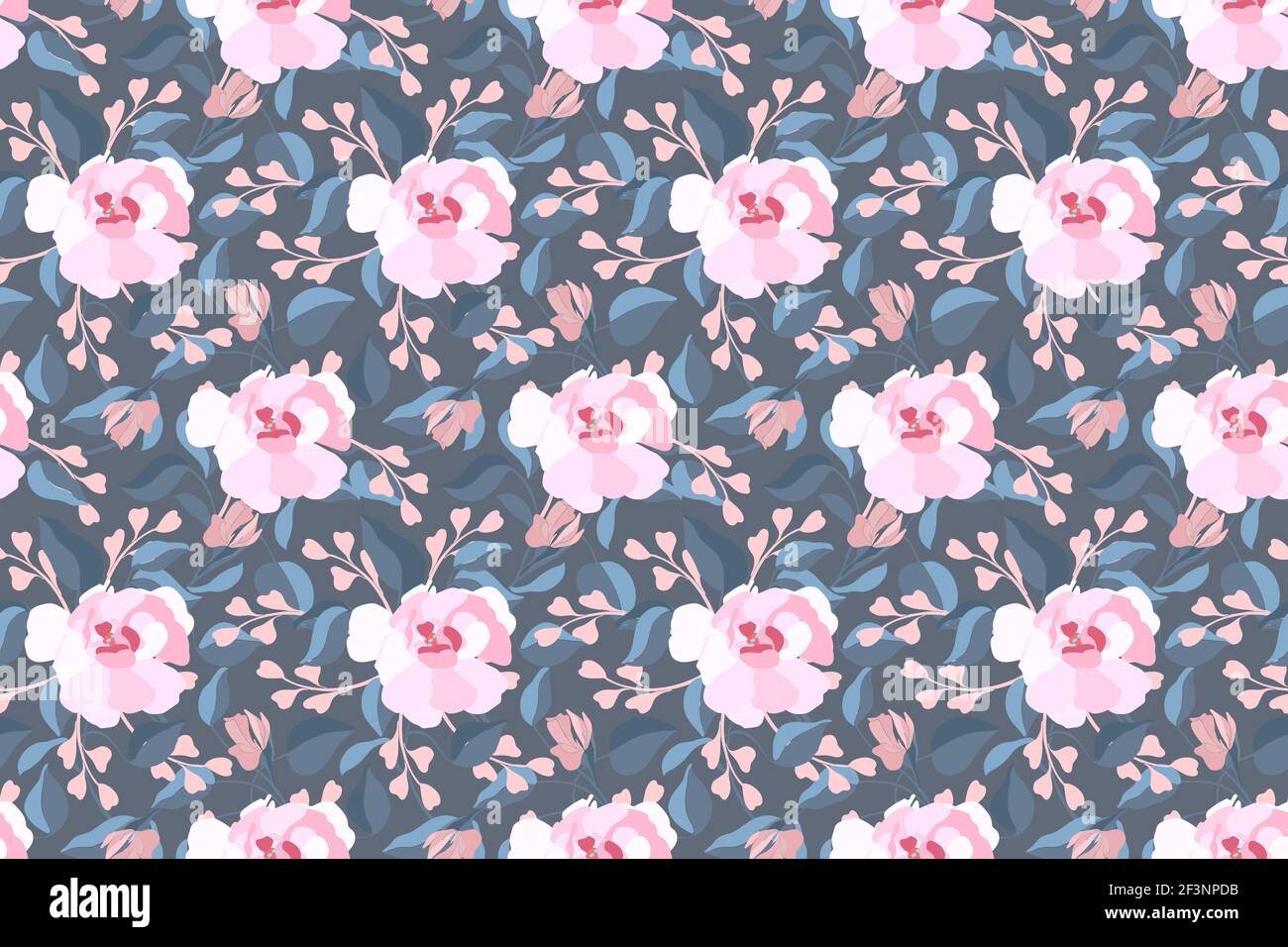 Art floral vector seamless pattern. Pink flowers, blue leaves Stock ...