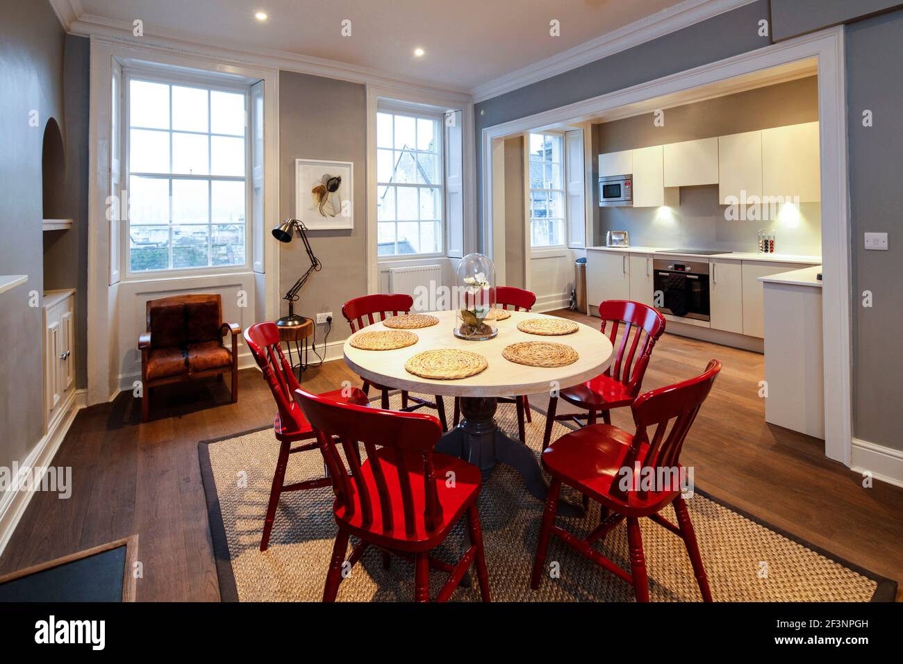 Edgar House, Bath. Furnished rental apartments in a Georgian building on George Street, Bath. Kitchen and dining area. Stock Photo