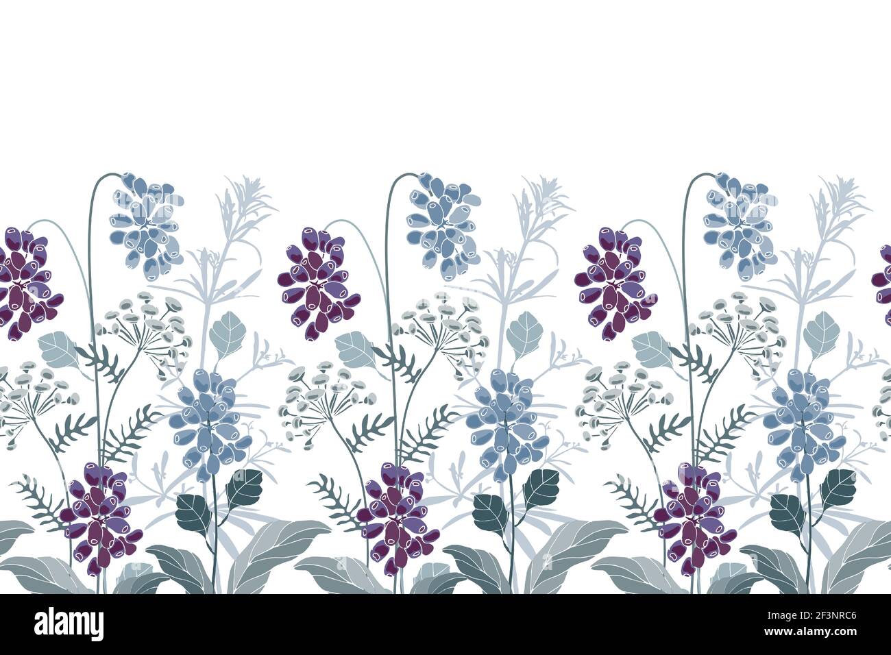Vector floral seamless border. Blue, purple flowers, herbs and berries. Stock Vector