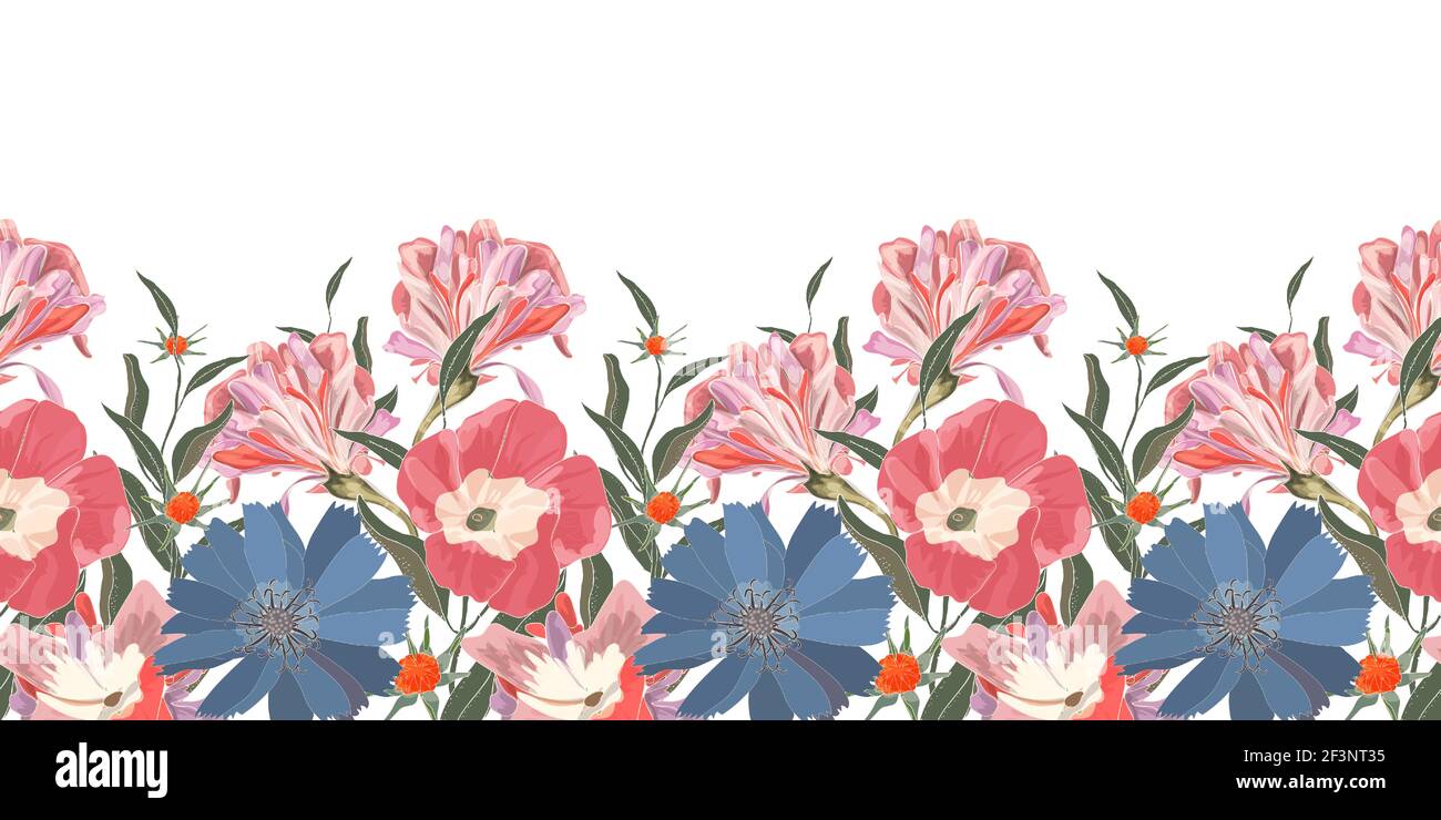 Vector floral seamless pattern, botder with cute blue and pink flowers. Stock Vector