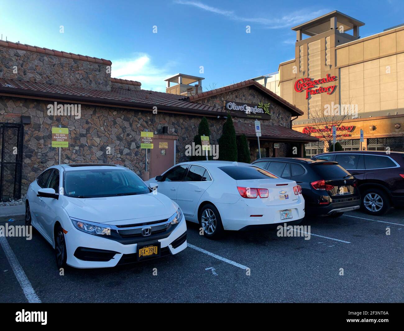 To Go parking only, outside Olive Garden Restaurant during Covid 19 Pandemic, Rego Center Mall, Queens, NY Stock Photo