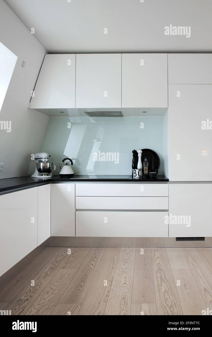No nonsense, Modern apartment in Copenhagen. A kitchen. Stock Photo