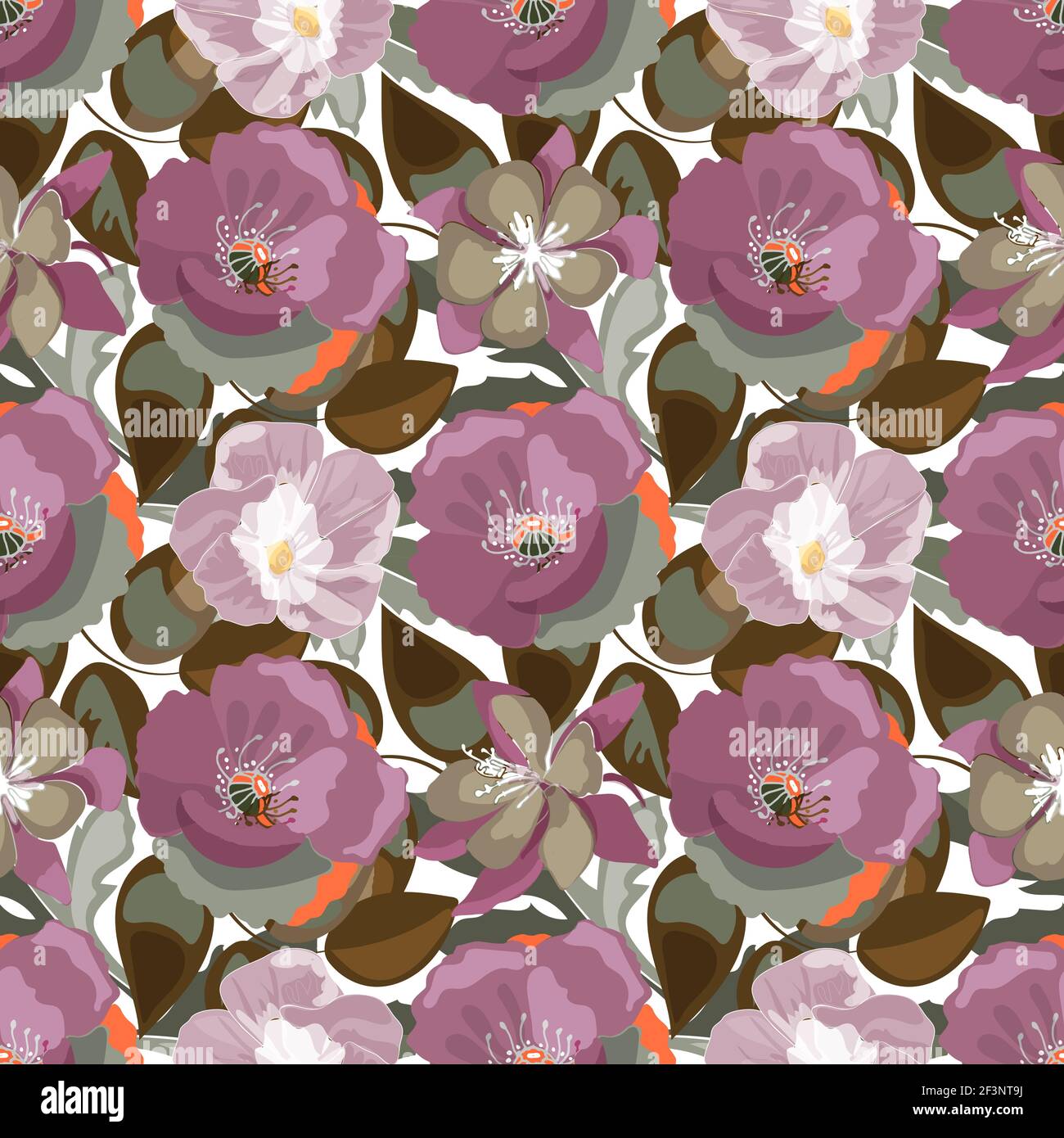 Vector floral seamless pattern. Plum-colored poppies, Ipomoea. Stock Vector