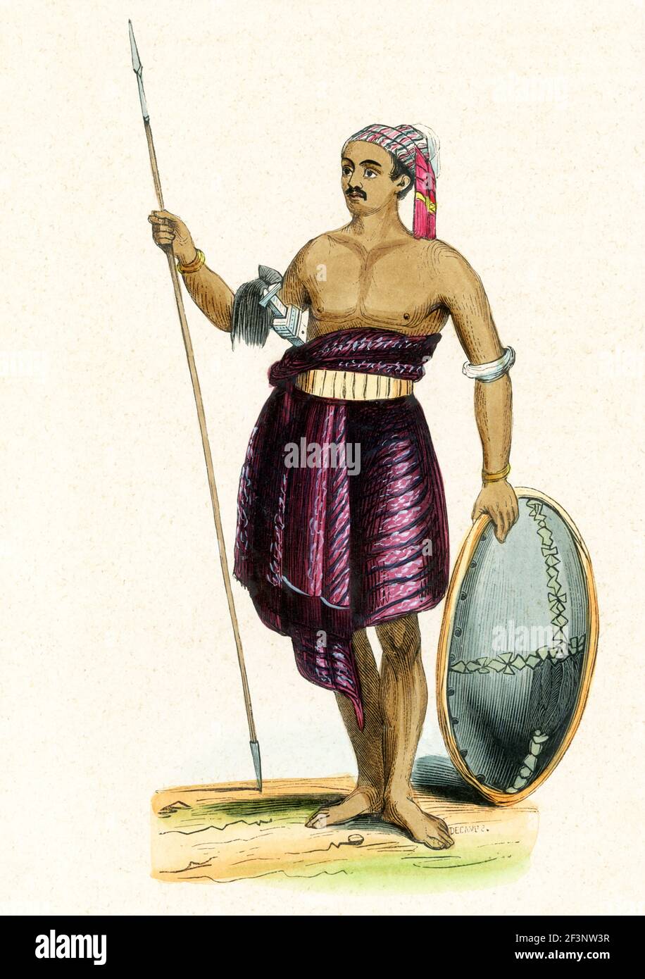 This 1840s illustration shows a warrior from the island of Savu. Savu is the largest of a group of three islands, situated midway between Sumba and Rote, west of Timor, in Indonesia's eastern province, East Nusa Tenggara. Ferries connect the islands to Waingapu on Sumba, Ende on Flores, and Kupang in West Timor. Savu is part of the area of the world known as Oceania. Oceania is a geographic region that includes Australasia, Melanesia, Micronesia and Polynesia. Spanning the Eastern and Western Hemispheres, Oceania has a land area of 8,525,989 square kilometers. Stock Photo