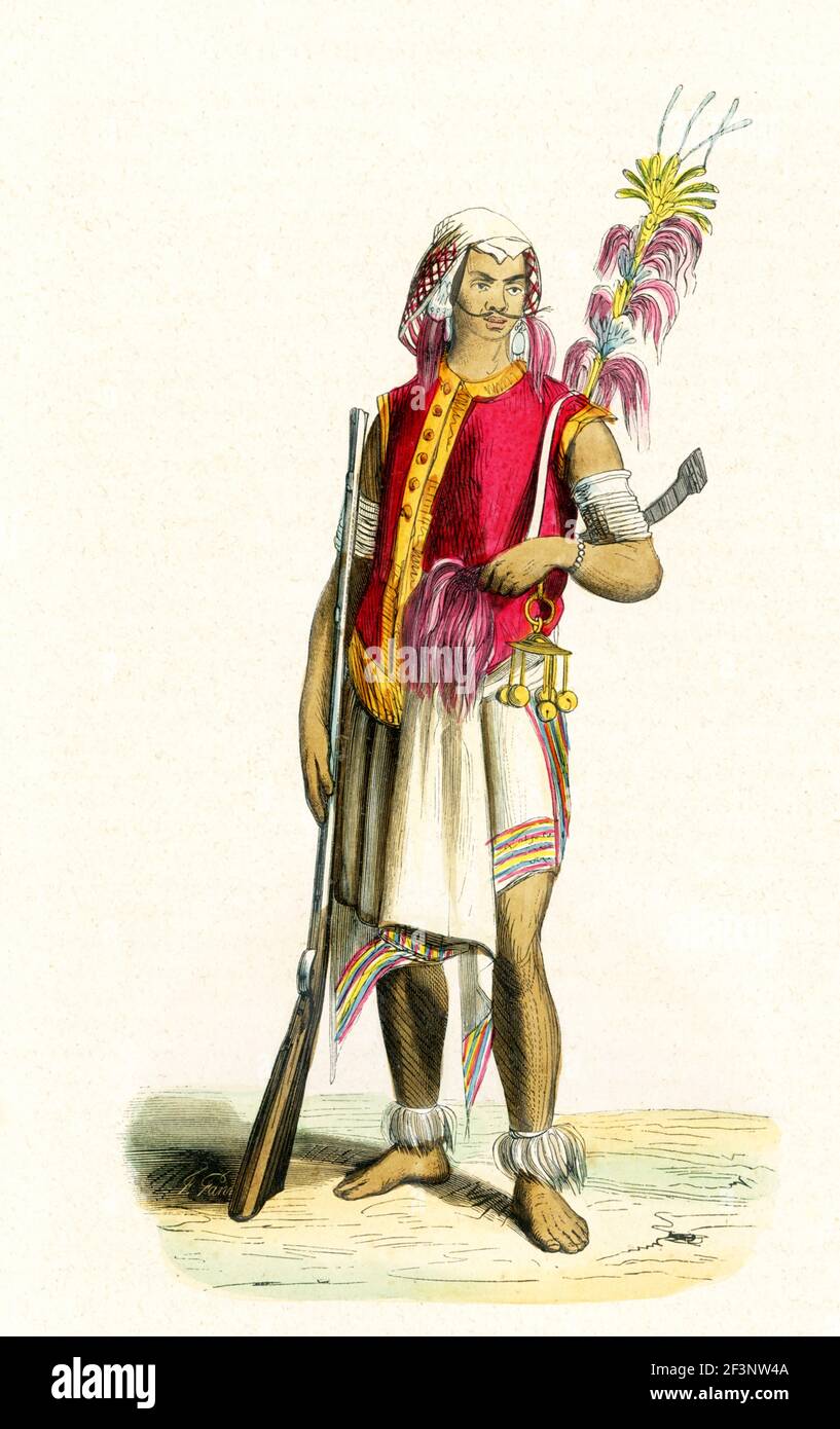 This 1840s illustration shows a warrior from Timor, from the territory known as the Amfoang Kingdom—now in West Timor. Timor is an island at the southern end of Maritime Southeast Asia, in the north of the Timor Sea. The island is divided between the sovereign states of East Timor on the eastern part and Indonesia on the western part. The Indonesian part, also known as West Timor, constitutes part of the province of East Nusa Tenggara. Timor is part of the area of the world known as Oceania. Oceania is a geographic region that includes Australasia, Melanesia, Micronesia and Polynesia. Spanning Stock Photo