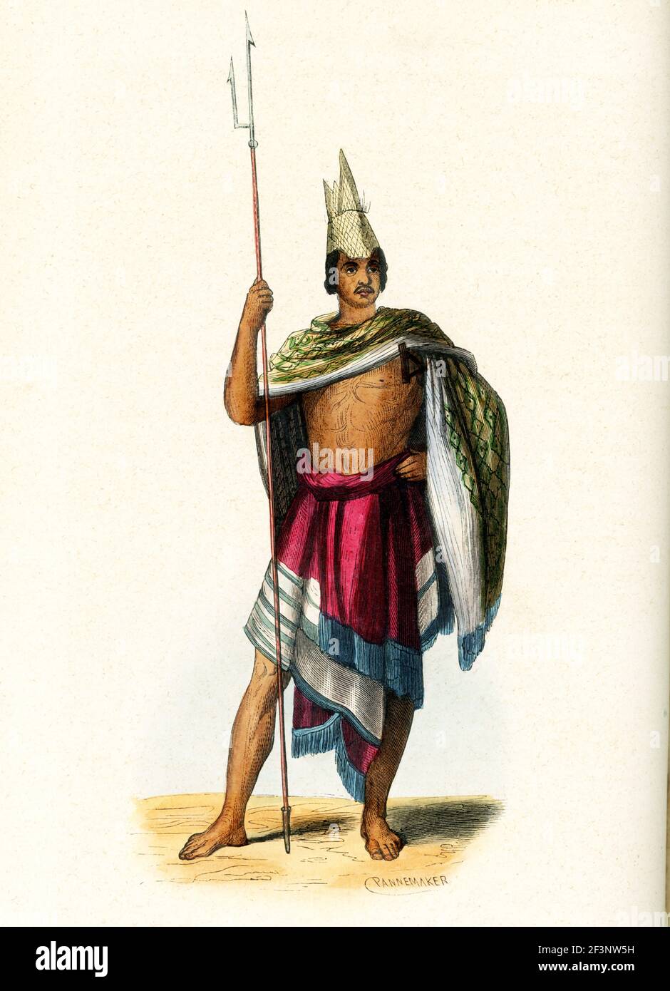 This 1840s illustration shows a native of the island of Rote in Indonesia. Rote Island is an island of Indonesia, part of the East Nusa Tenggara province of the Lesser Sunda Islands. Rote Island is part of the area of the world known as Oceania. Oceania is a geographic region that includes Australasia, Melanesia, Micronesia and Polynesia. Spanning the Eastern and Western Hemispheres, Oceania has a land area of 8,525,989 square kilometers. Stock Photo