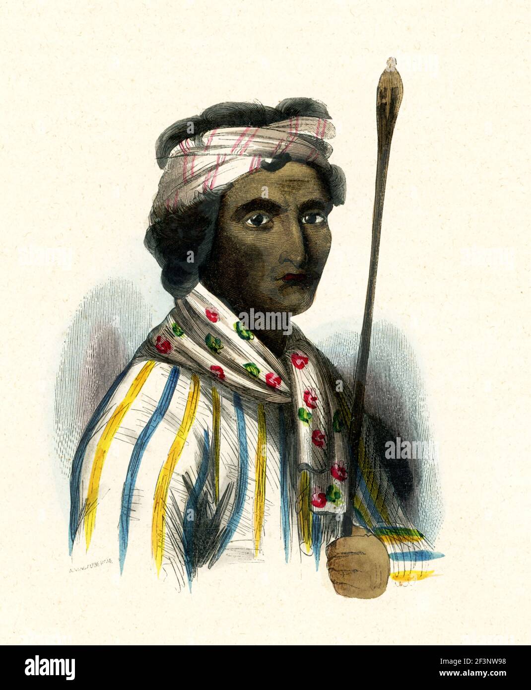This 1840s illustration shows a rajah from Dao. Dao refers to a people in West New Guinea in Indonesia. Indonesia, officially the Republic of Indonesia, is a country in Southeast Asia and Oceania, between the Indian and Pacific oceans. It consists of more than seventeen thousand islands, including Sumatra, Java, Sulawesi, and parts of Borneo and New Guinea. Western New Guinea, also known as Papua, is the Indonesian part of the island of New Guinea. Since the island is alternatively named as Papua, the region is also called West Papua. Lying to the west of the independent state of Papua New Gui Stock Photo