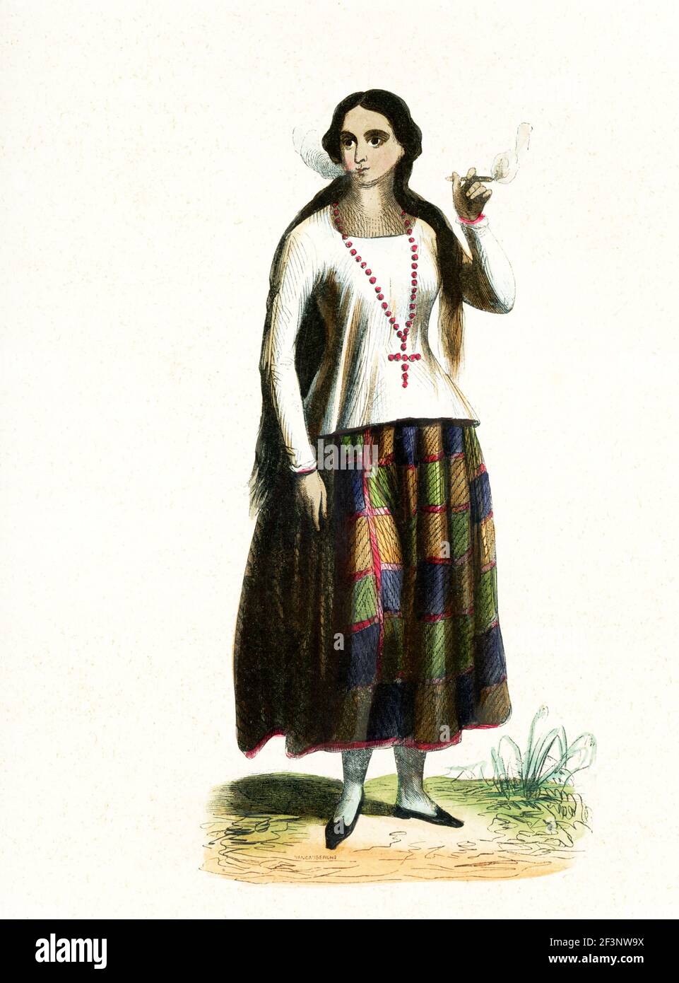 This 1840s illustration shows a lady from the island of Guam. Guam is a U.S. island territory in Micronesia, in the Western Pacific. Guam is part of the area of the world known as Oceania. Oceania is a geographic region that includes Australasia, Melanesia, Micronesia and Polynesia. Spanning the Eastern and Western Hemispheres, Oceania has a land area of 8,525,989 square kilometers. Stock Photo