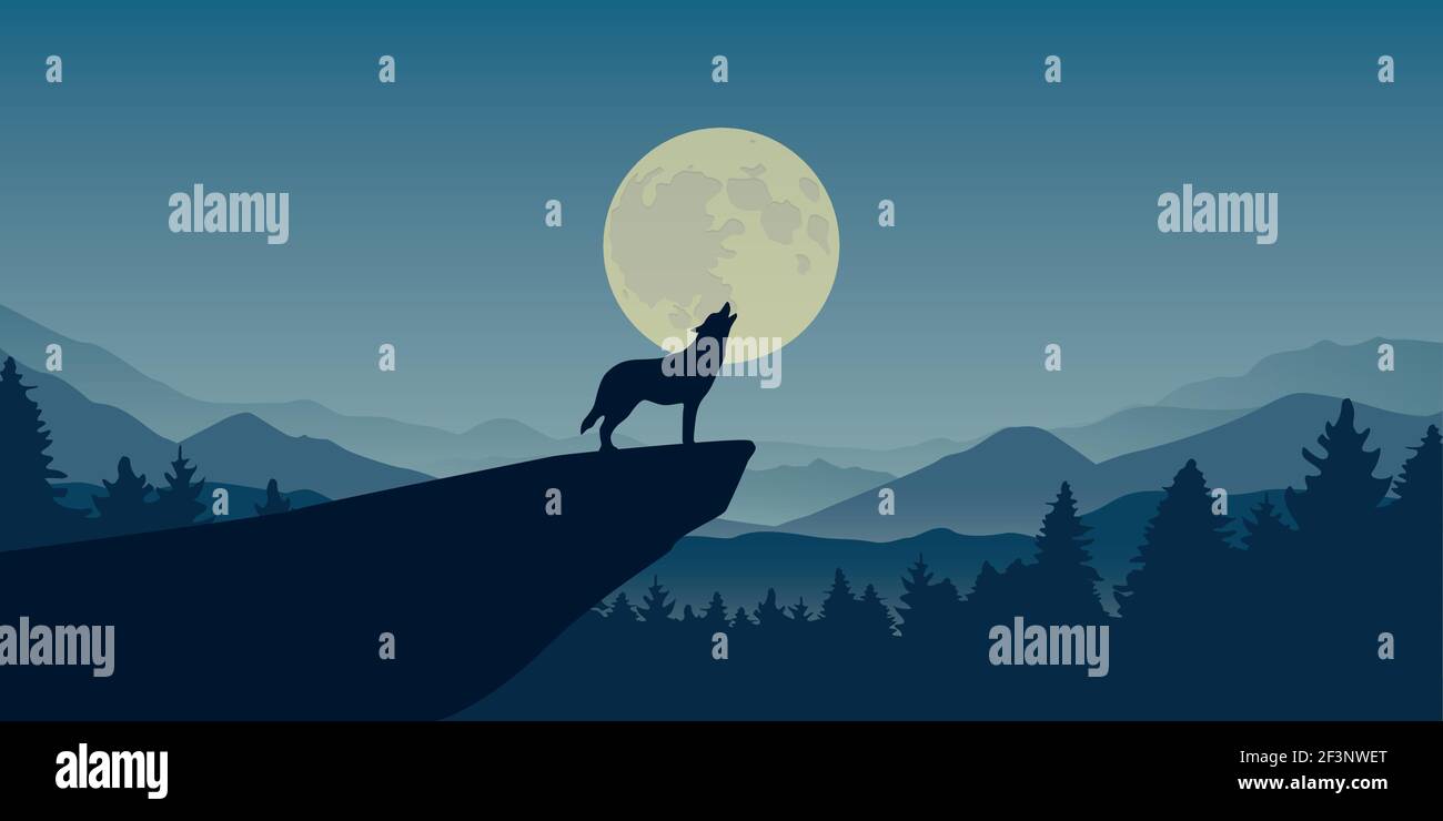 wolf howls at full moon blue nature landscape Stock Vector