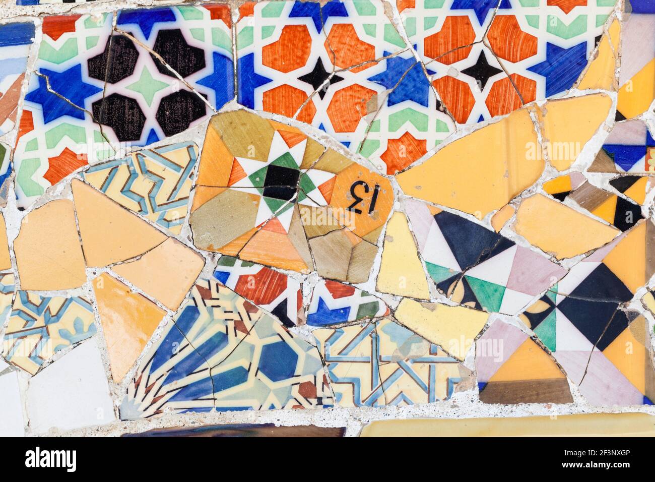 Detail of broken ceramic tiles used to decorate the benches of Park