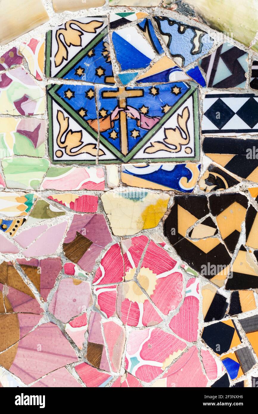 Detail of broken ceramic tiles used to decorate the benches of Park