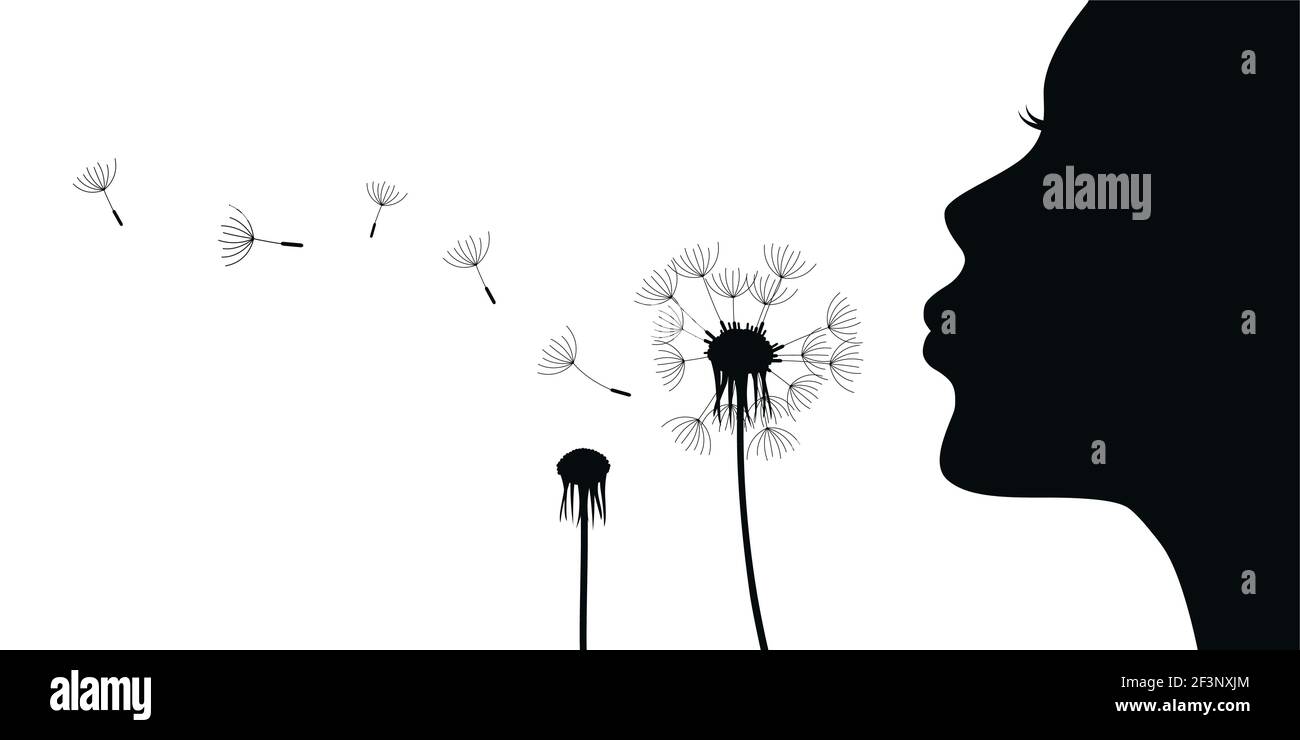 beautiful girl blows dandelion silhouette on white Stock Vector