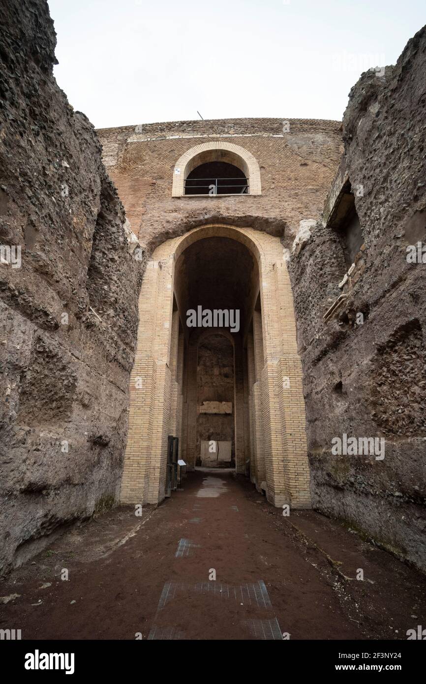 Rome. Italy. Entrance to the Mausoleum of Augustus (Mausoleo di Augusto), built by the Roman Emperor Augustus in 28 BC on the Campus Martius, todays P Stock Photo