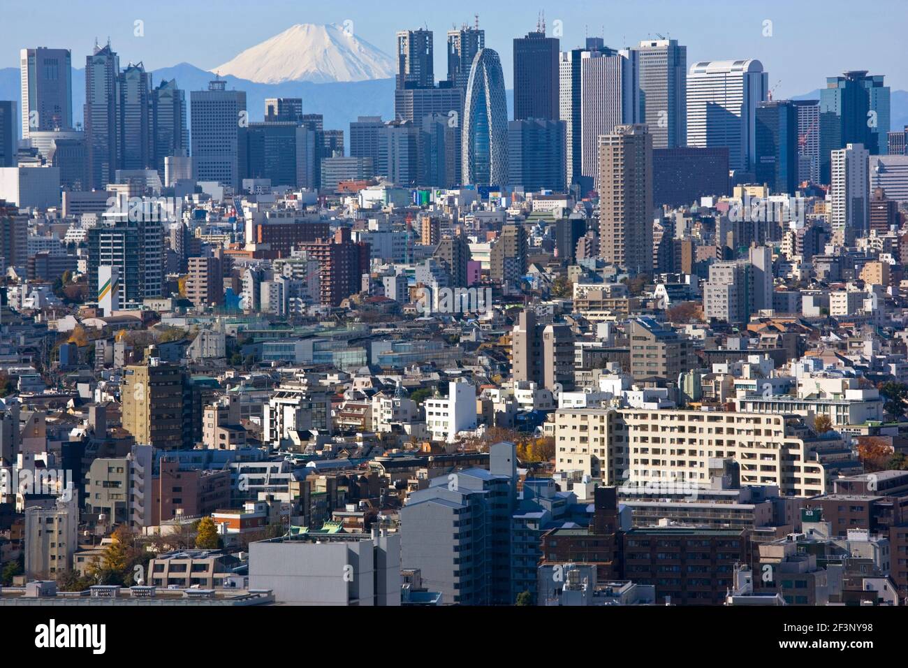 A telephoto view on a clear winter day captures a snow-capped Mt. Fuji rising dramatically beyond the skyscrapers (including Tokyo City Hall) of the S Stock Photo