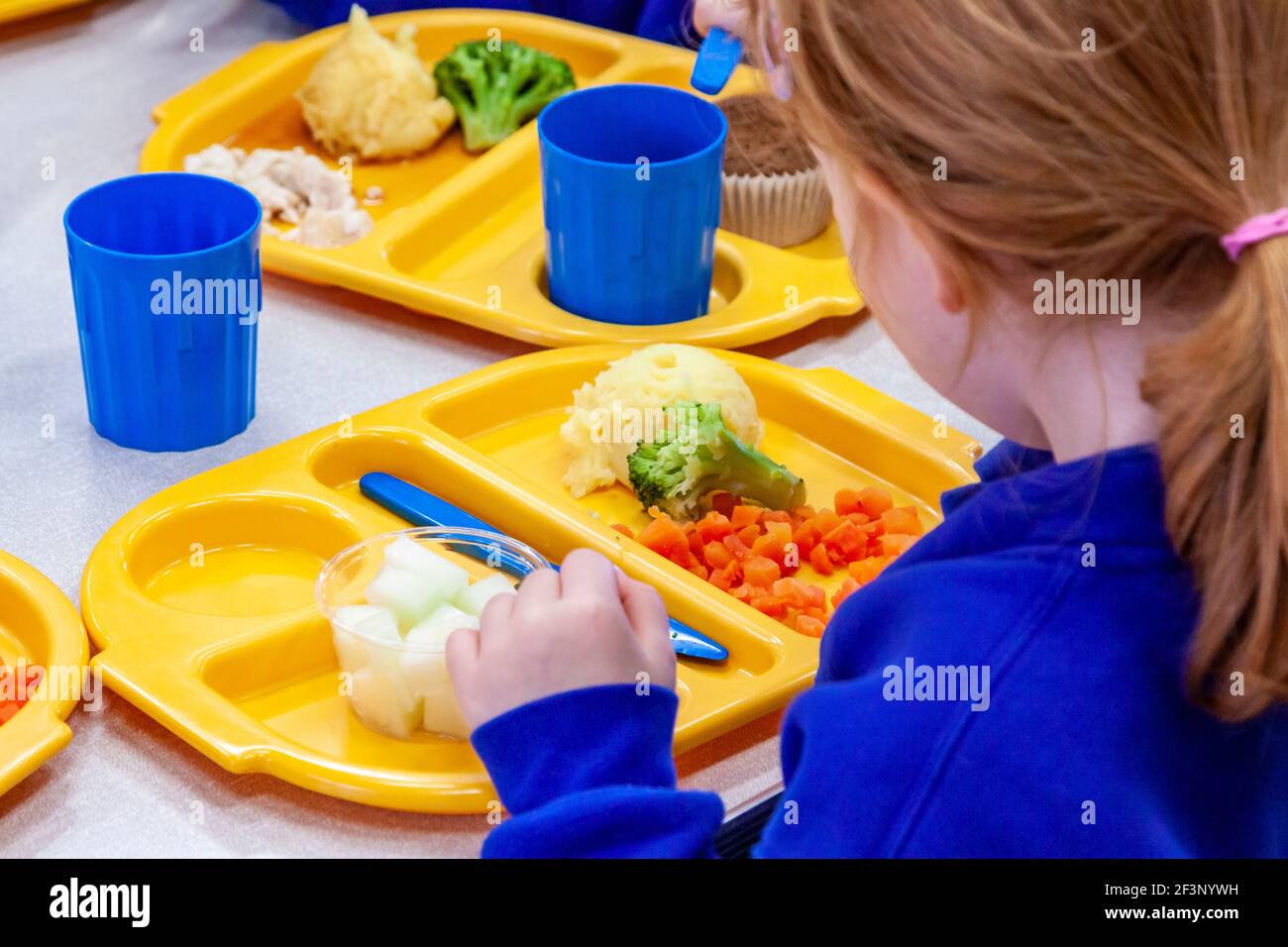 Children at a primary school eating school dinner using plastic plates