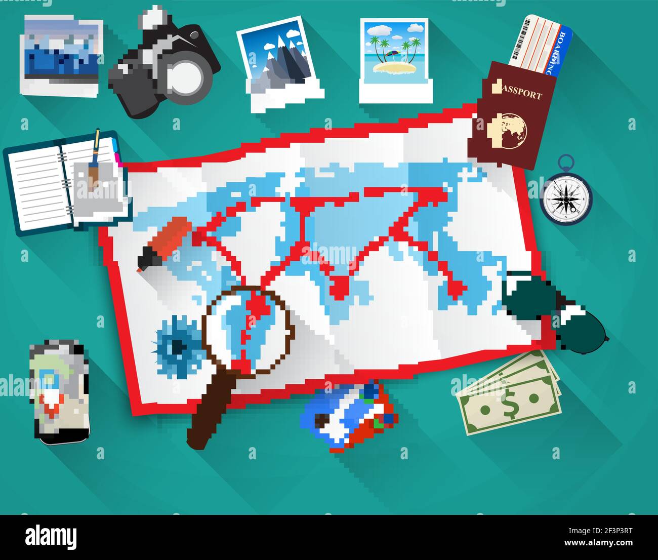 planning trip concept at table with paper map of world Stock Vector