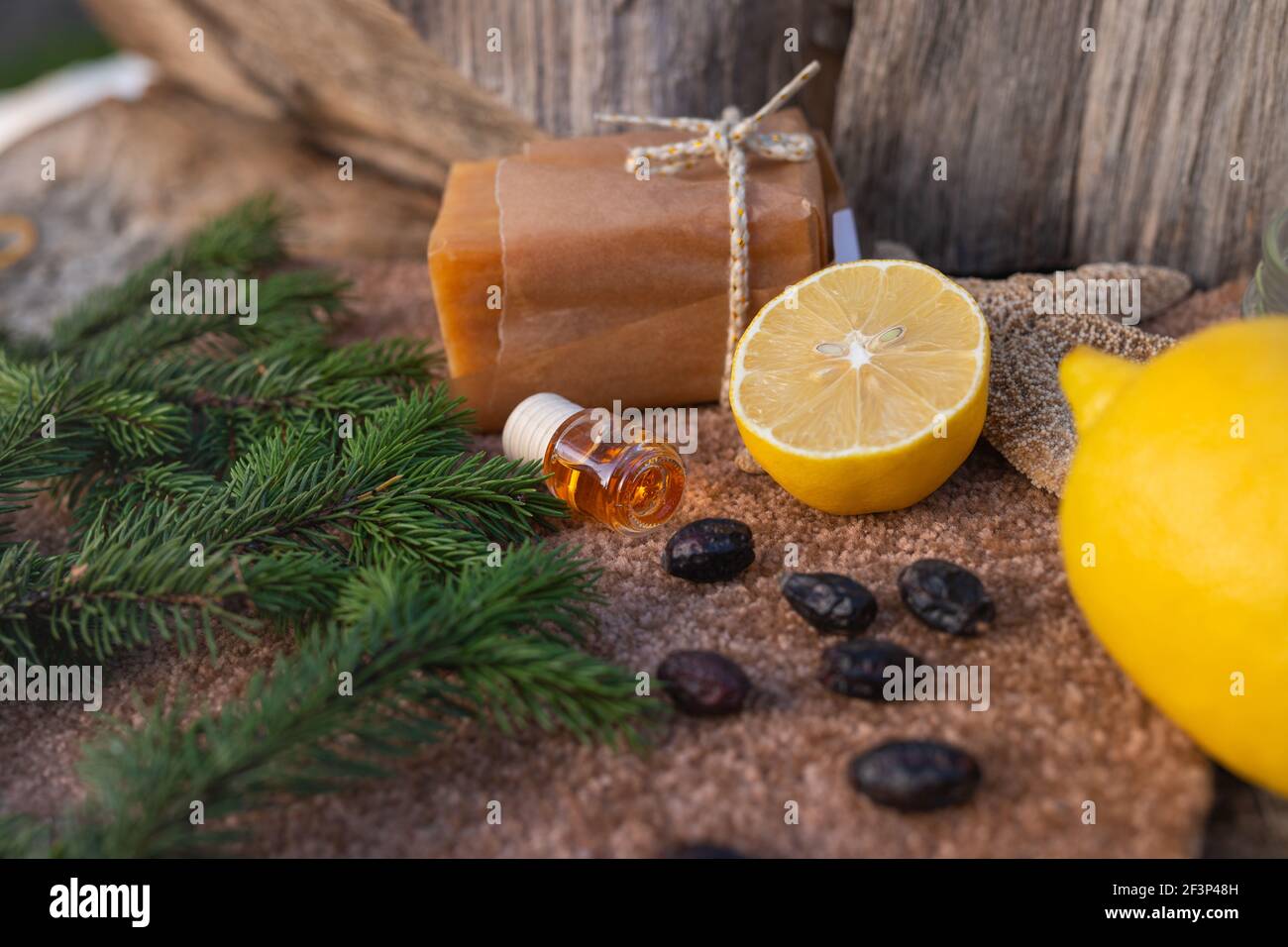 Natural household cleaning products on the stem of the tree. Dried