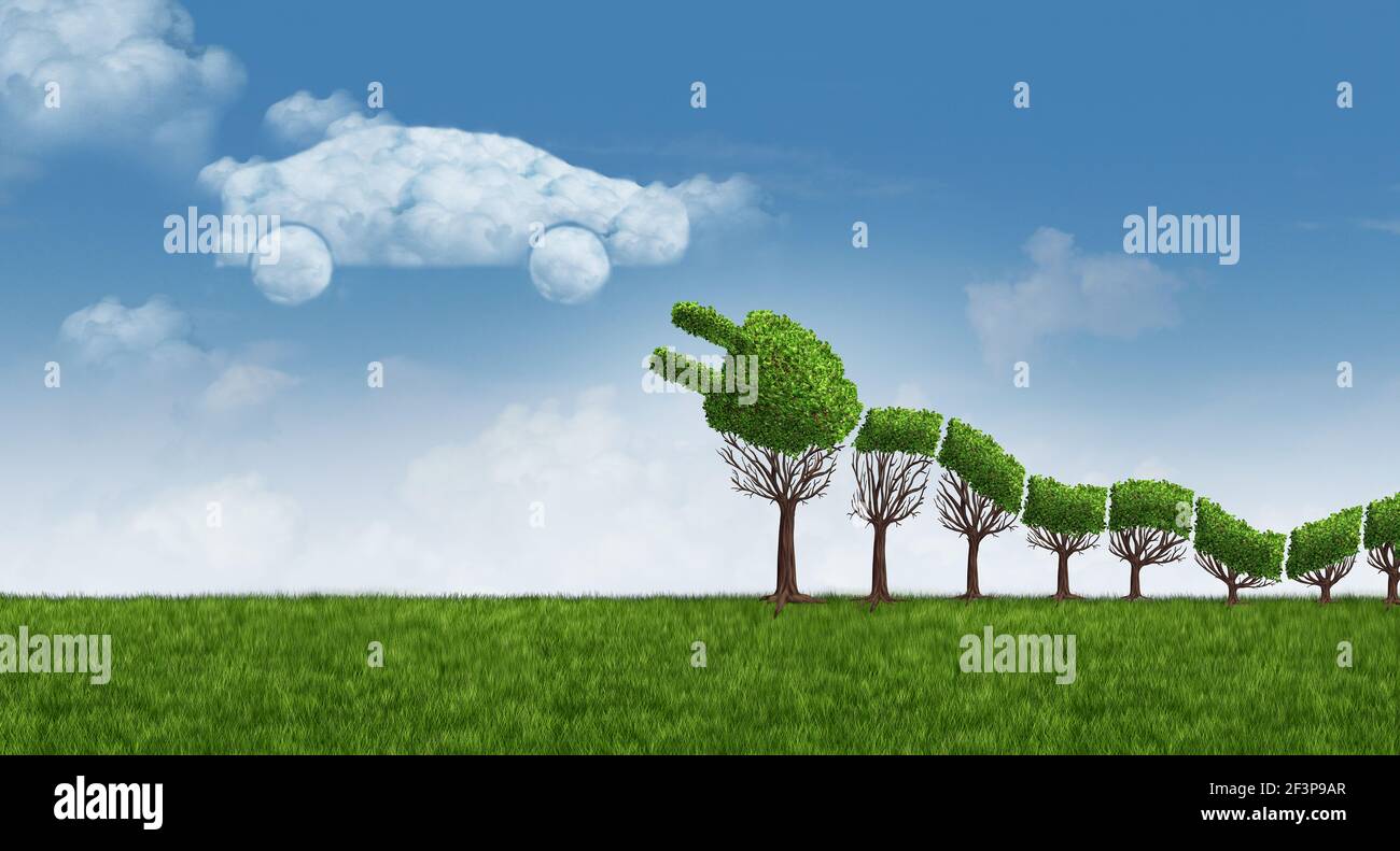 Green electric car idea and EV or renewable vehicle eco energy to save the environment with a plant and leaves shaped as a plug as alternative. Stock Photo