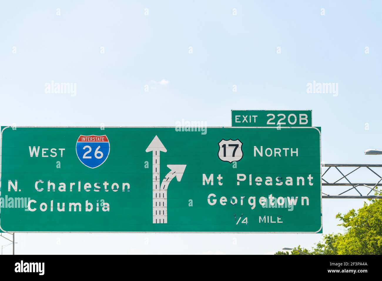 Direction road traffic exit 220B sign for interstate highway 26 West to