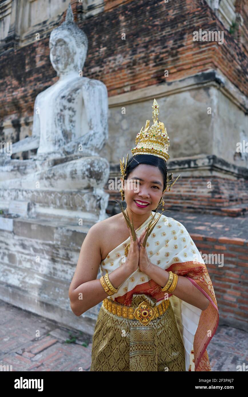 Thailand, Ayutthaya, Apsara dancer at Wat Yai Chai Mongkhon Stock Photo