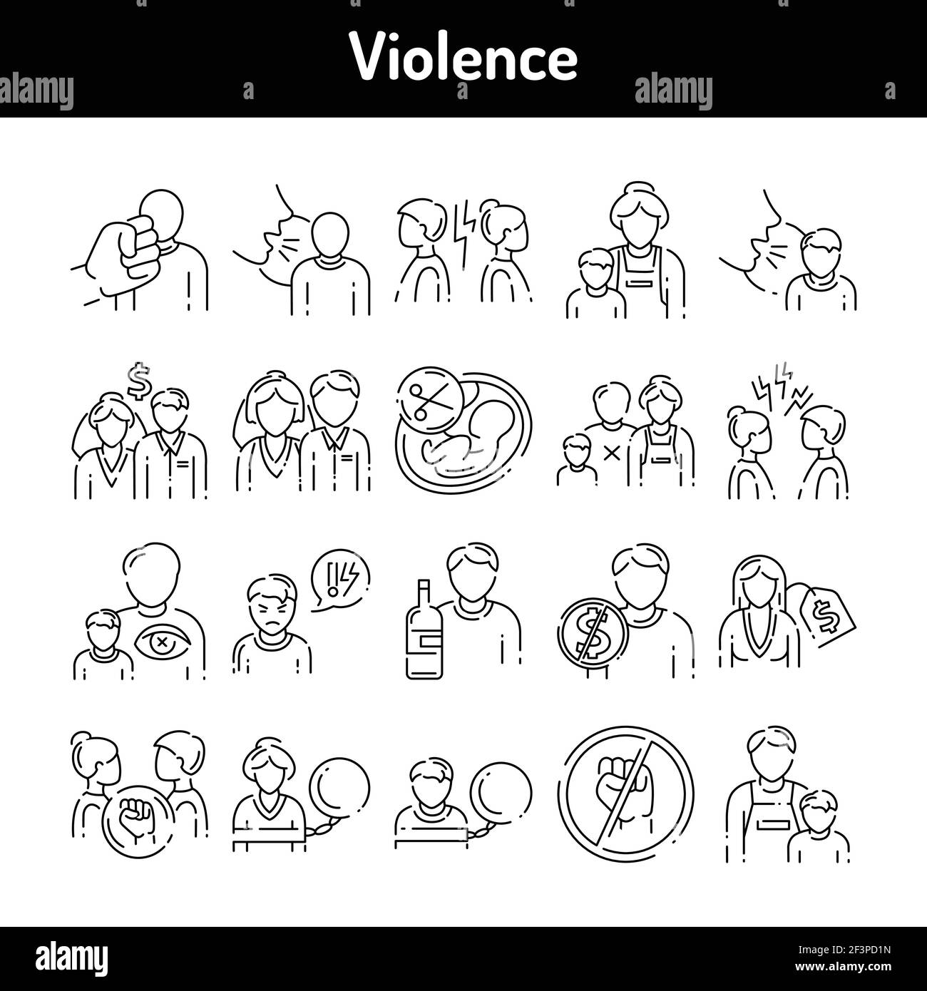 Violence color line icons set. Harassment, family abuse and bullying. Pictograms for web page, mobile app, promo. UI UX GUI design element. Editable s Stock Vector