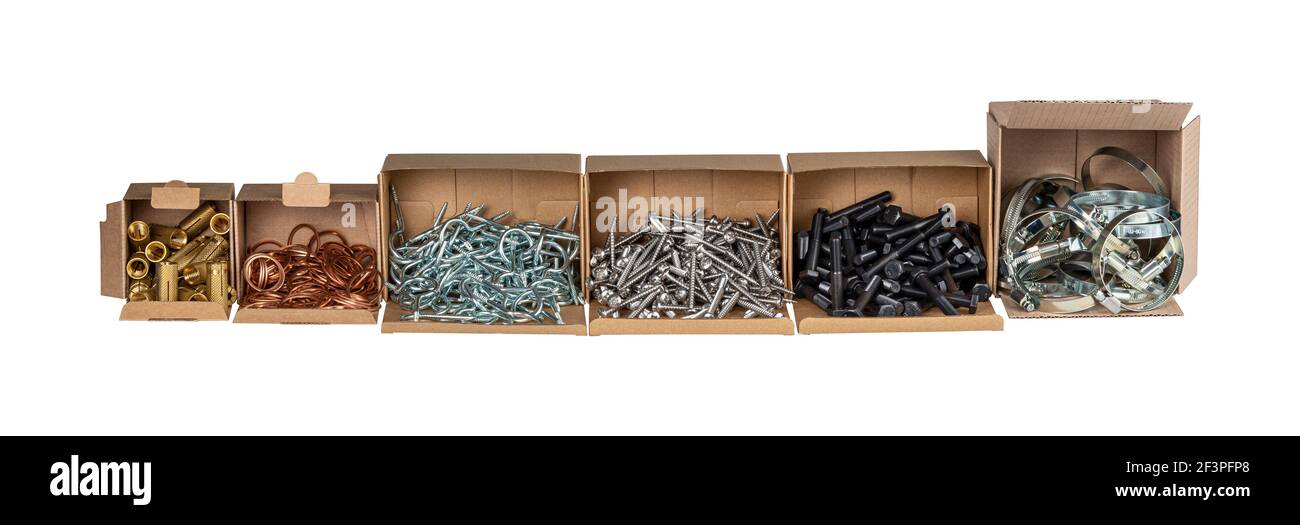 Different types of metal bolts, nuts, screws, hooks and washers