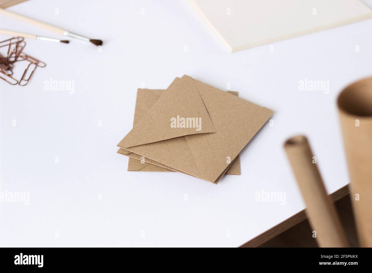 Minimal Design Flatlay with Stationery on White Background. Creative Art Design Mockup. Stock Photo