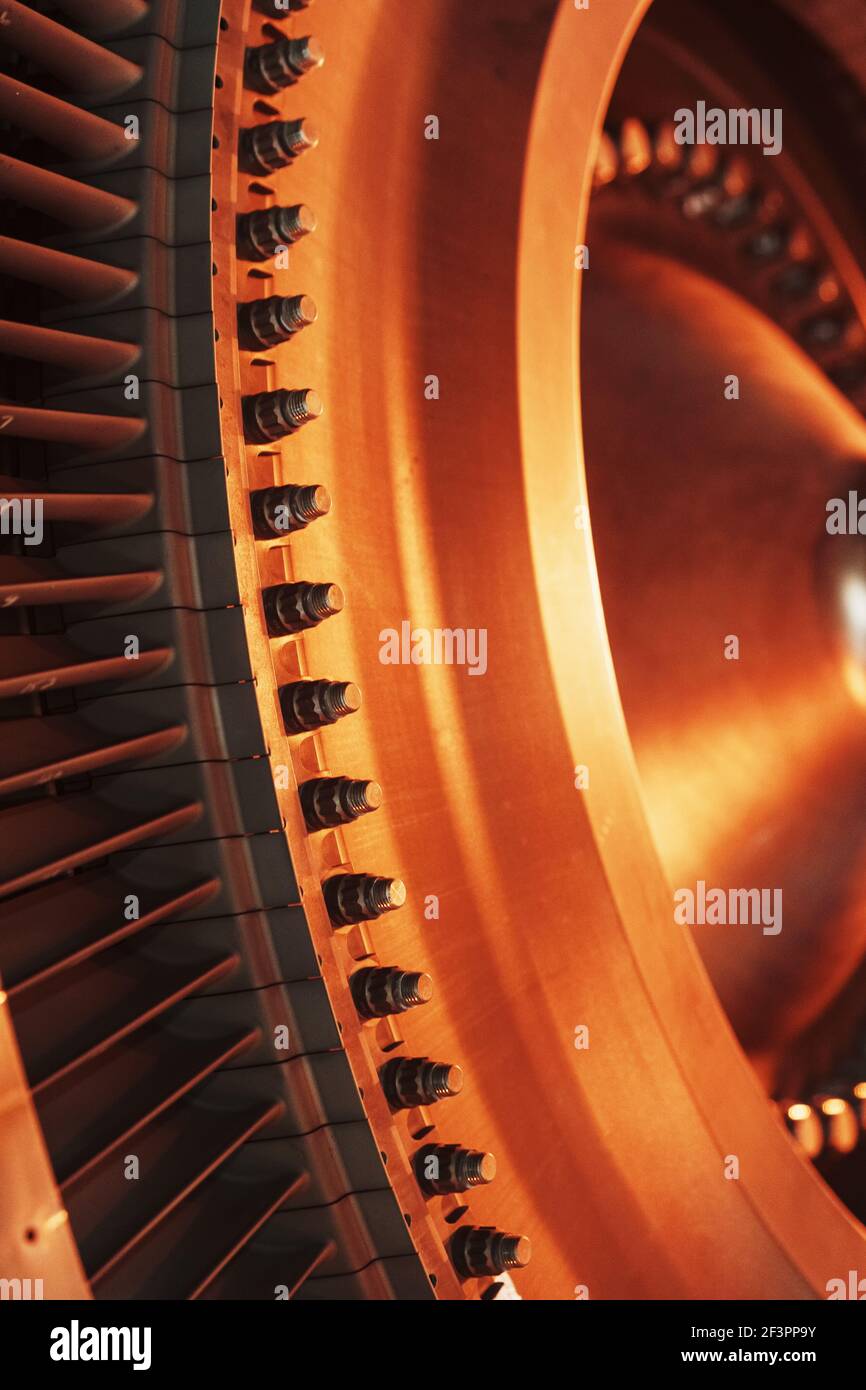 Turbine generator rotor with blades and discs, interior view. Elements, details and mechanisms