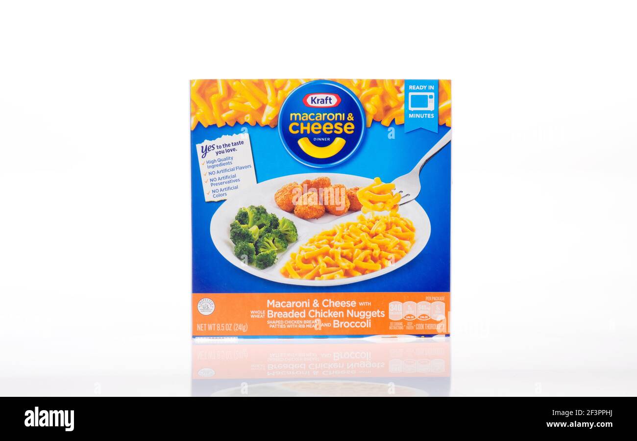Kraft Macaroni & Cheese Frozen Dinner with Breaded Chicken Nuggets & Broccoli Stock Photo