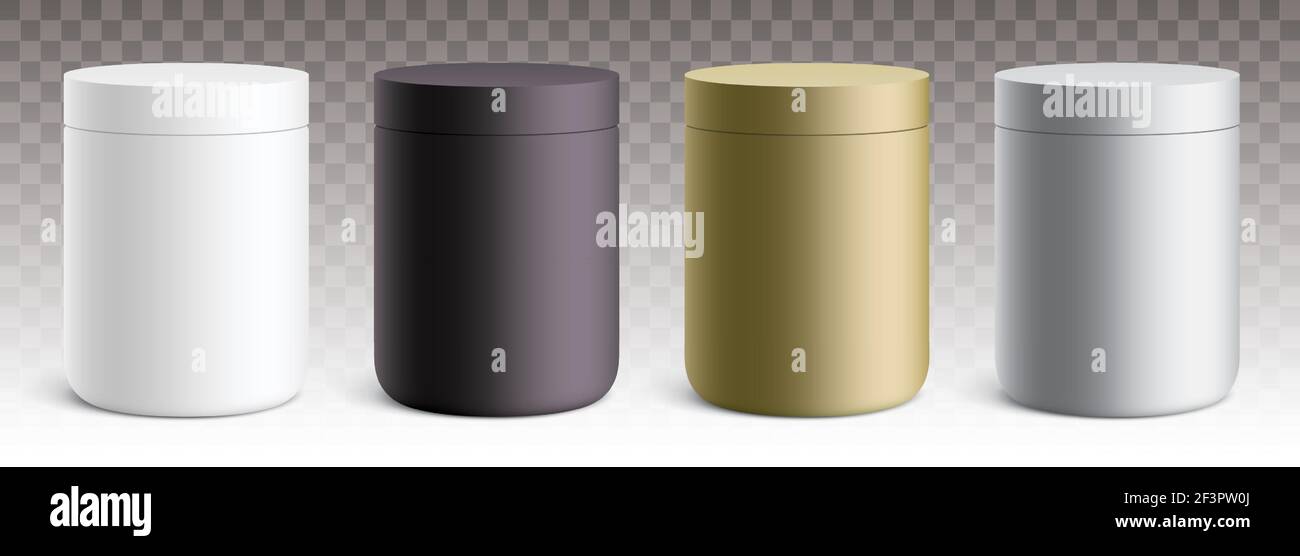 Vector set of round plastic containers with a matte finish. White ...