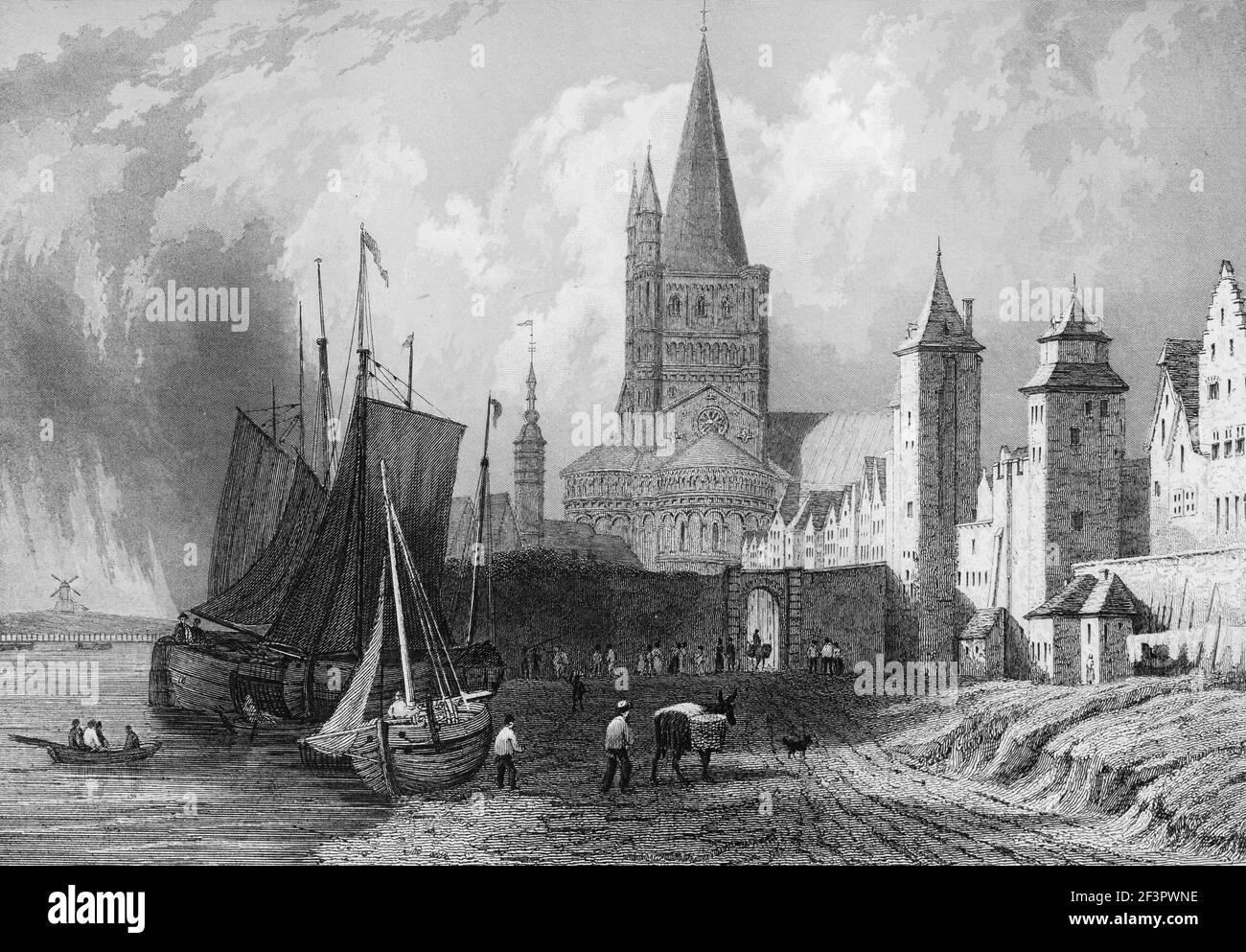 Catholic St. Martin´s Church, Cologne, banks of the River Rhine, City Gate, North Rhine-Westphalia, Rhine River, Germany, Steel engraving of 1832 Stock Photo